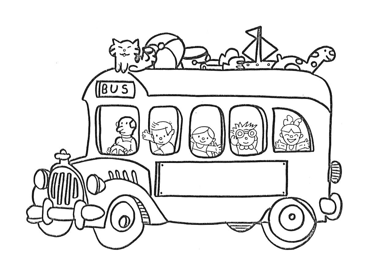 Раскраска Школьный автобус с пассажирами и игрушками на крыше (кошечка, мяч, робот, лодка, динозавр)