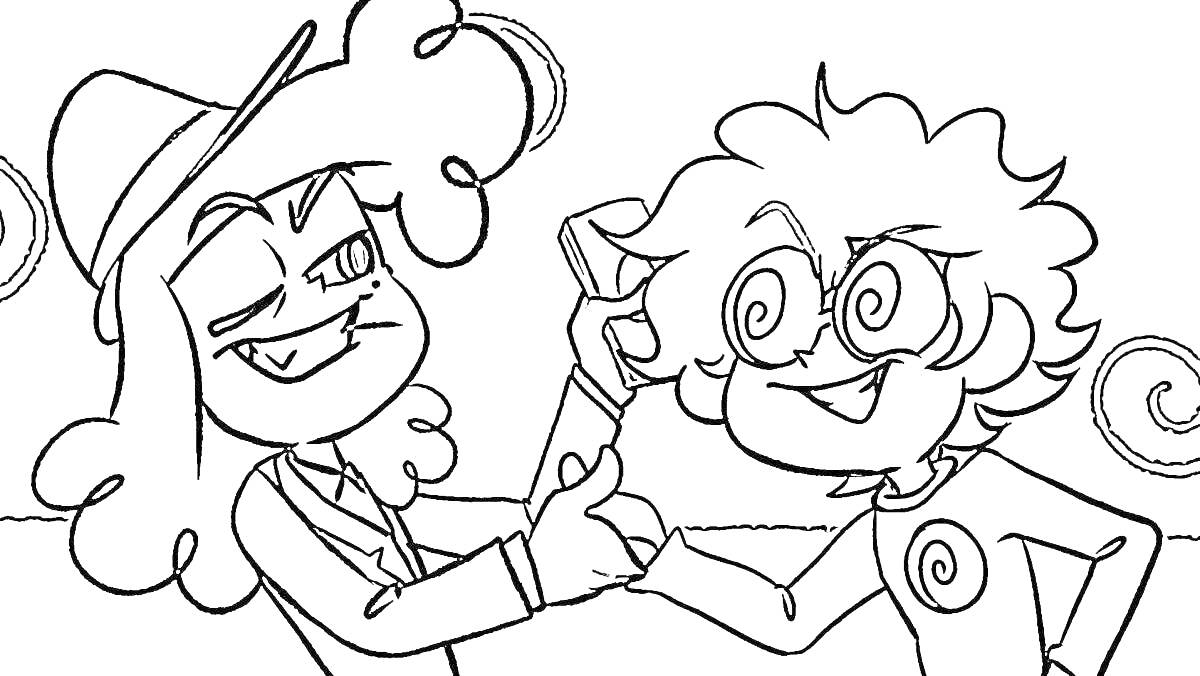 Раскраска Два улыбающихся персонажа с кудрявыми волосами и спиралями на глазах, держат в руках карты