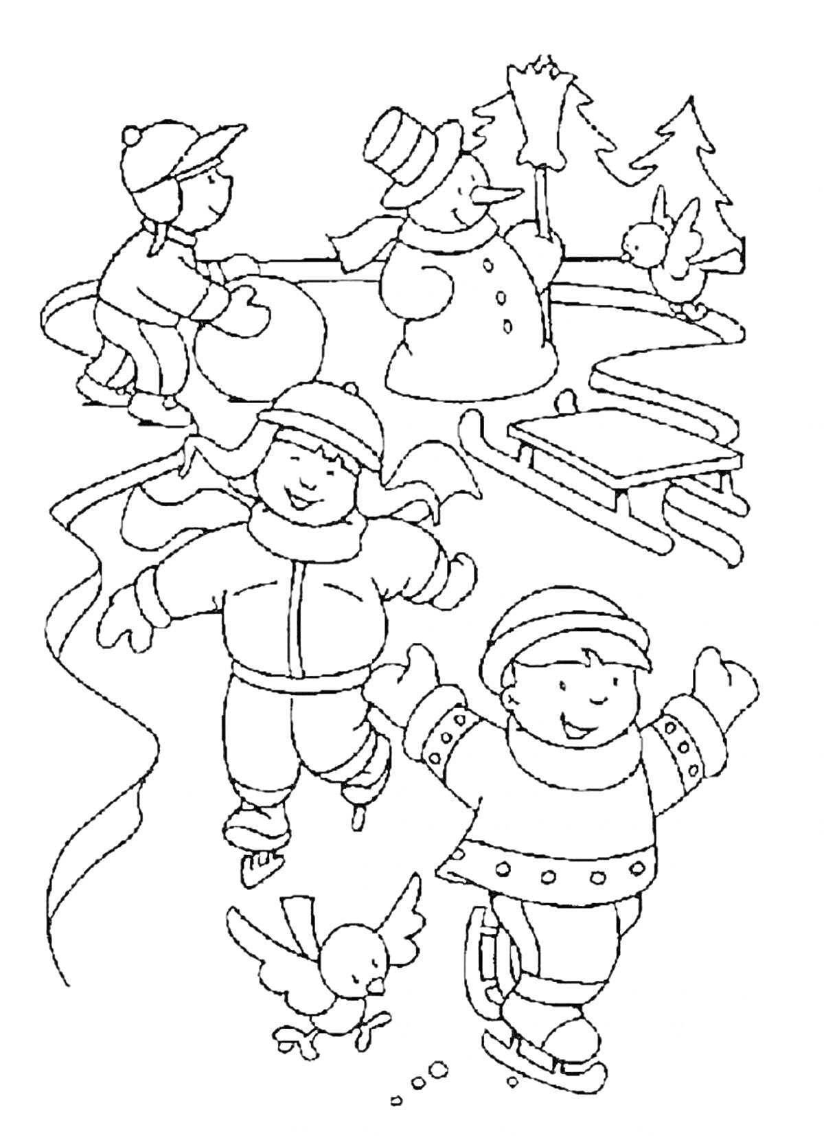 Раскраска Дети на катке с фигурным катанием, играют рядом со снеговиком, птица и сани на заднем плане, зимний лес