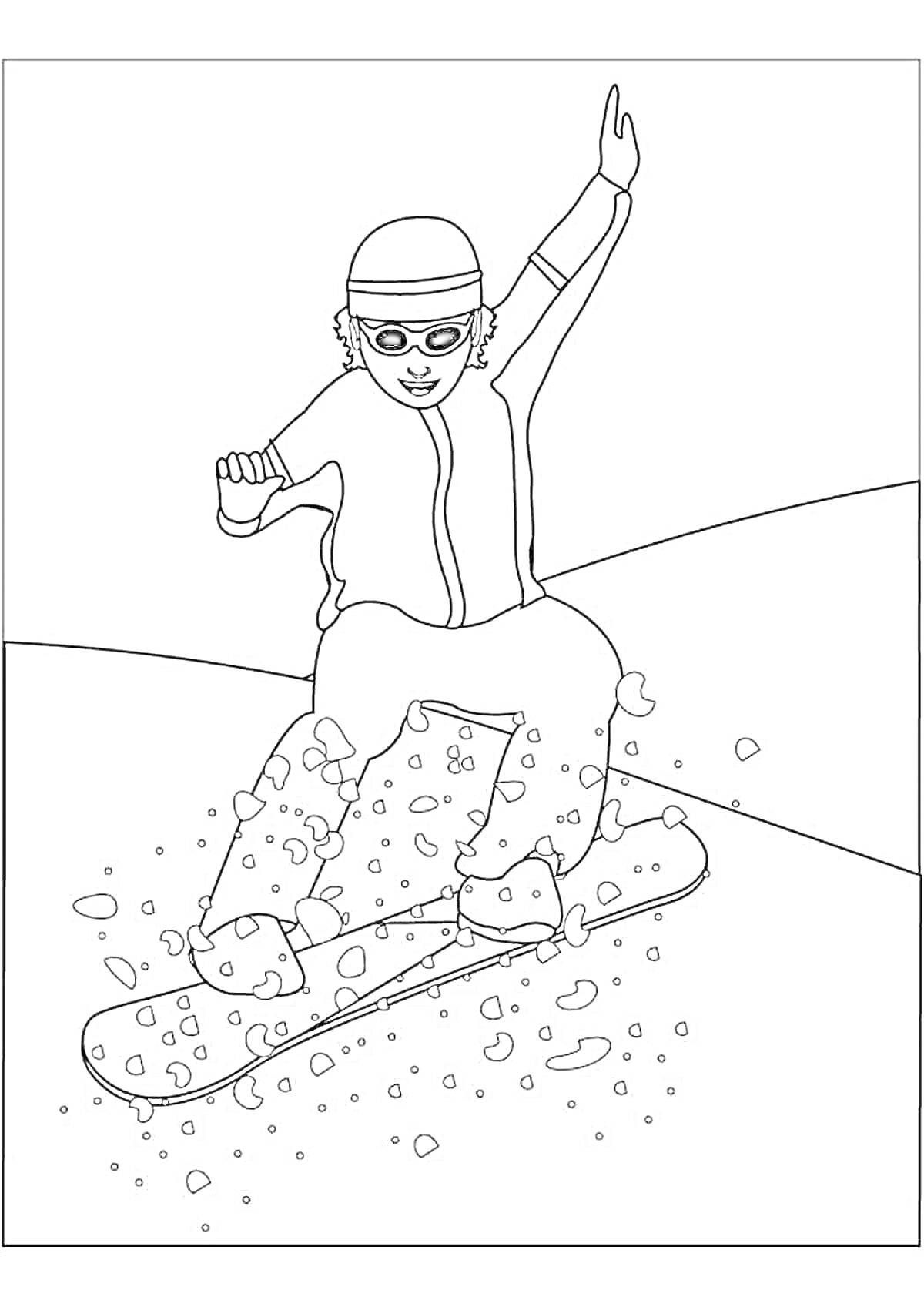 Раскраска сноубордист на склоне с поднятой рукой и летающими снежинками
