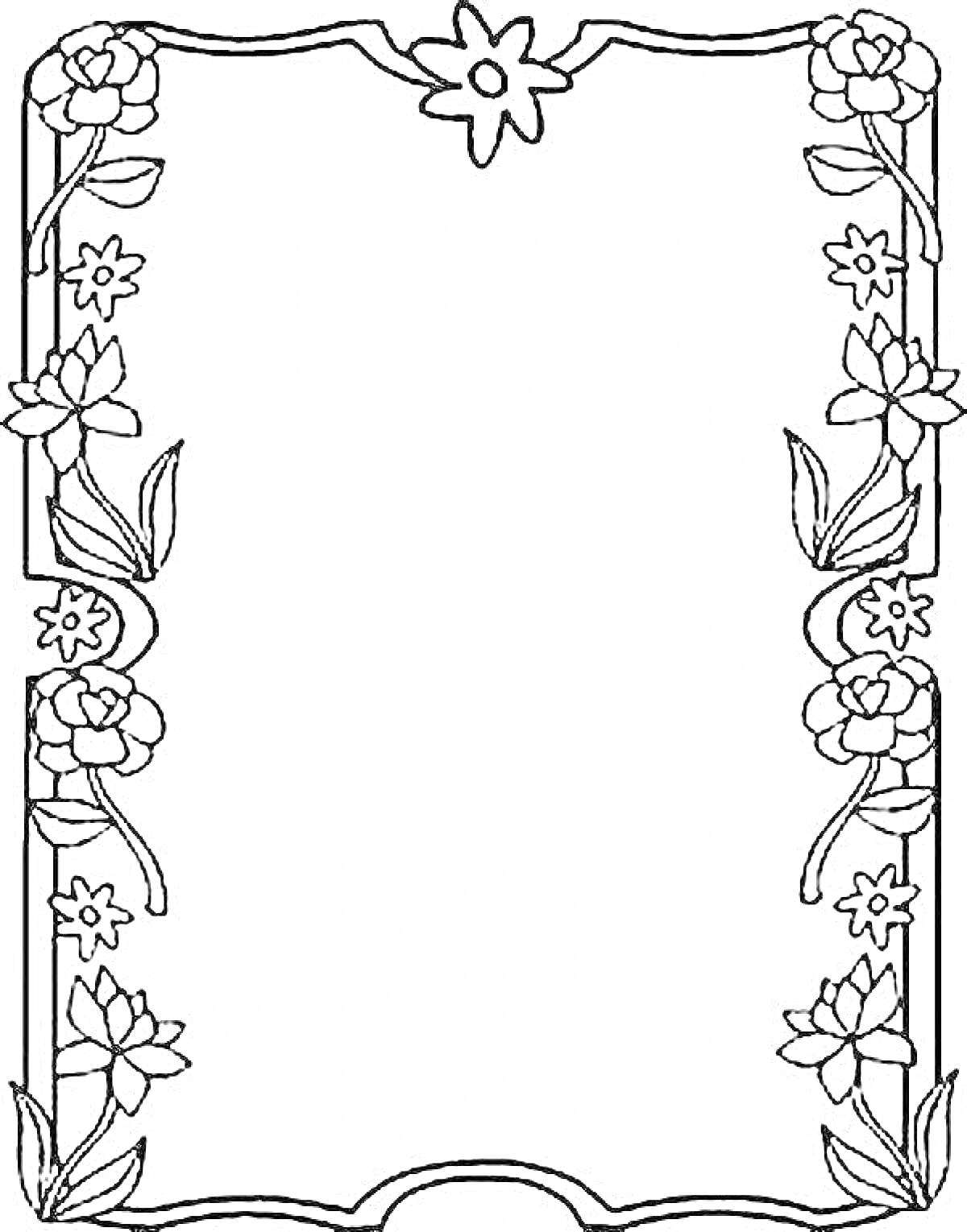 Раскраска Рамка с цветочным узором, включающим стилизованные цветы в верхней, боковых и нижней частях рамки