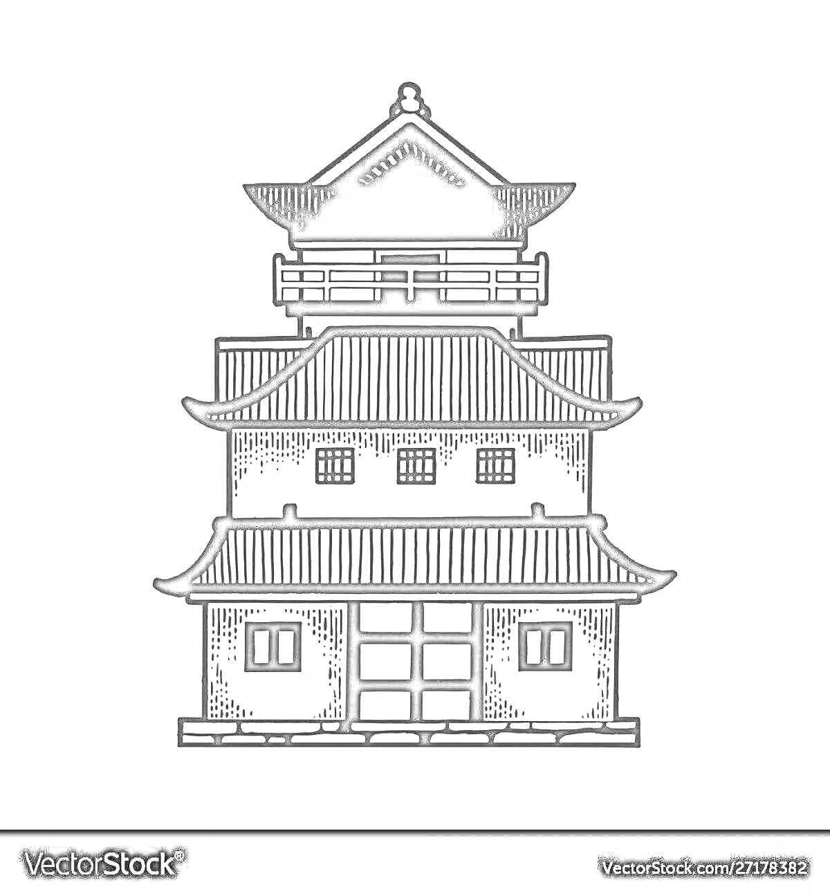 Раскраска Традиционный японский дом с многослойной крышей, балконом и окнами