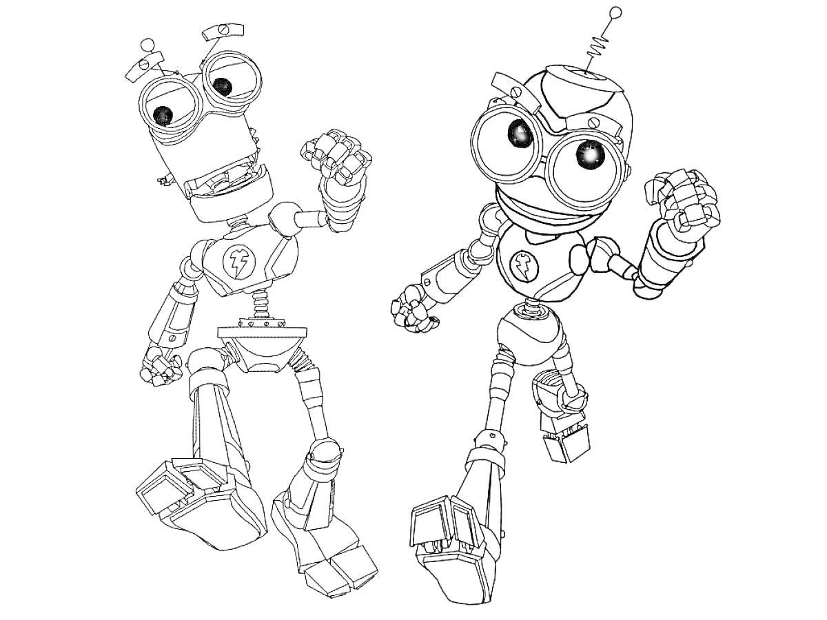 Раскраска Два робота с большими глазами и антеннами, поднявшие руки в приветственном жесте