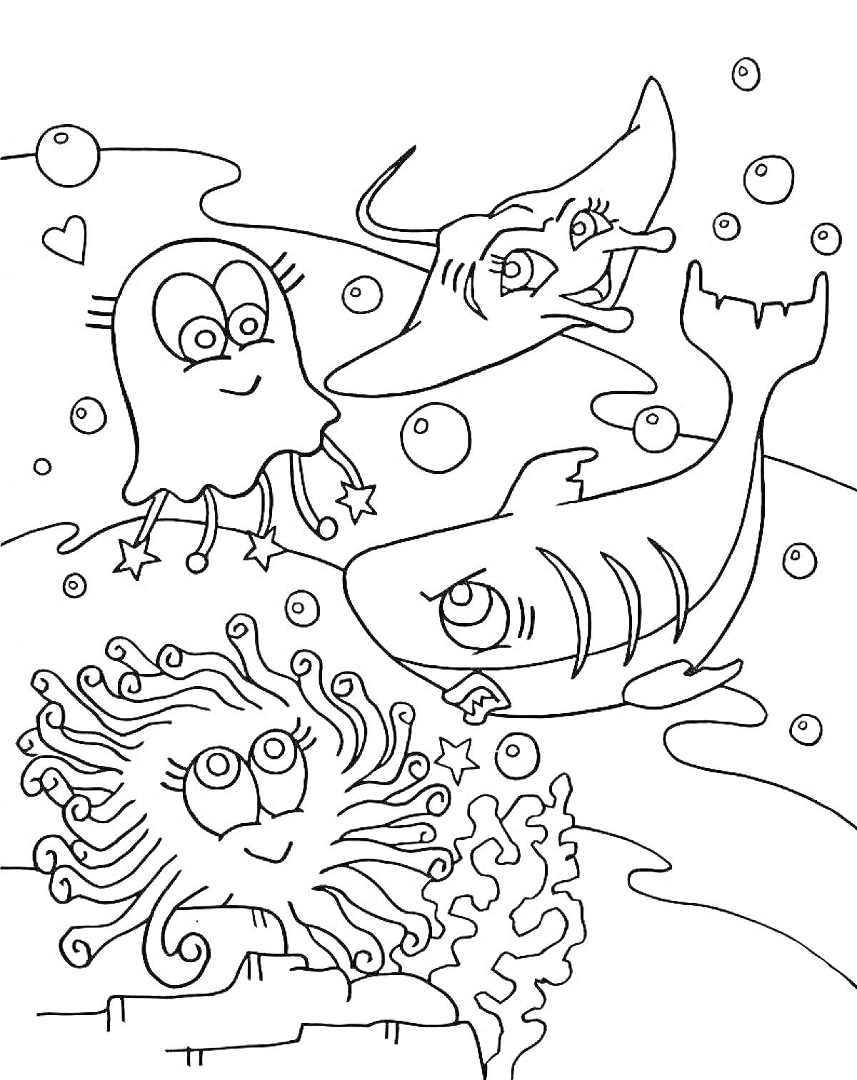 На раскраске изображено: Морские жители, Медуза, Рыба, Скат, Пузыри, Подводный мир