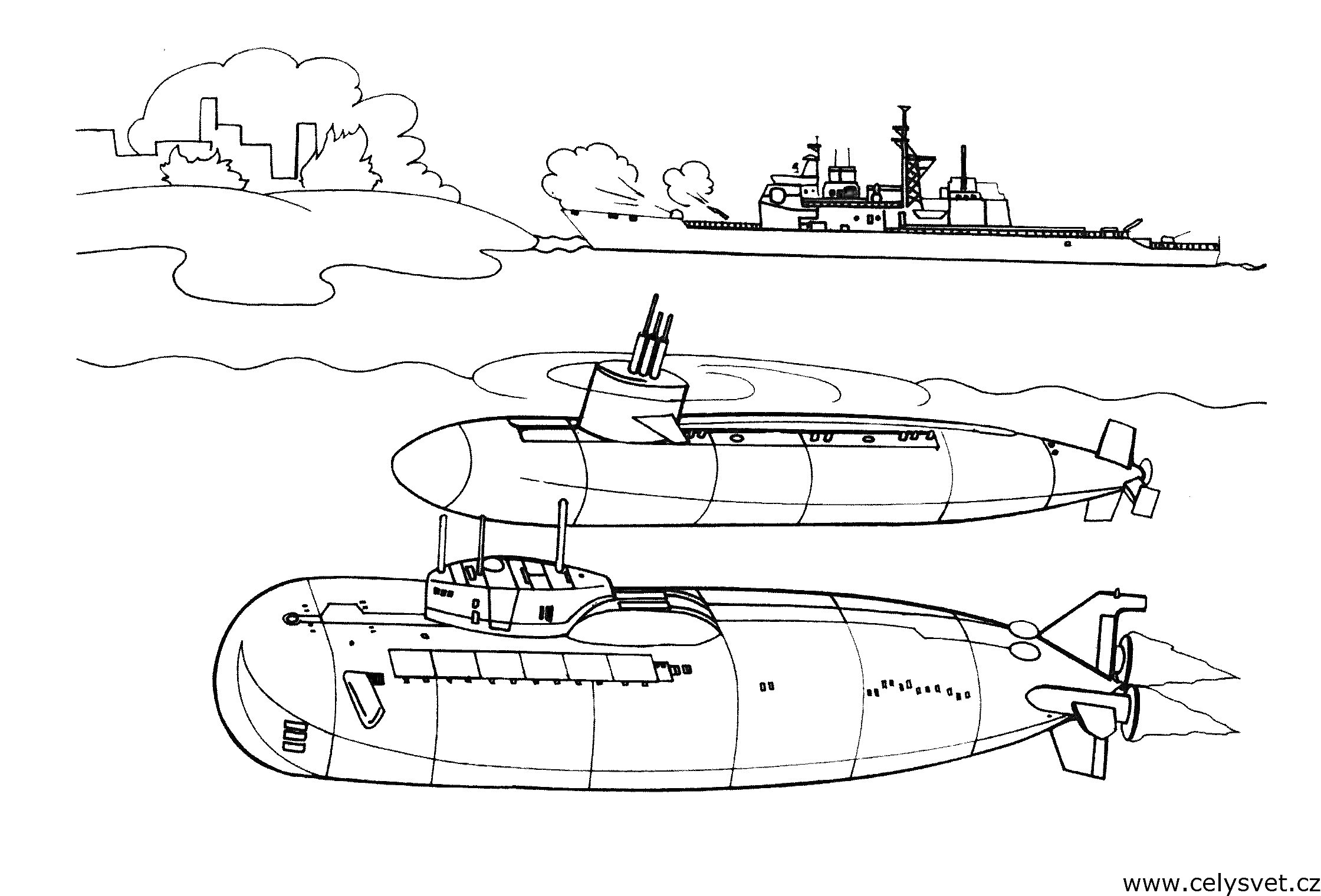 На раскраске изображено: Подводная лодка, Военный корабль, Море, Транспорт, Берег, Облака