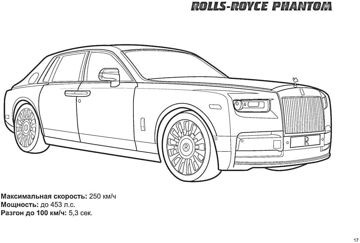 Раскраска Rolls-Royce Phantom на фоне с характеристиками, линия рисунка