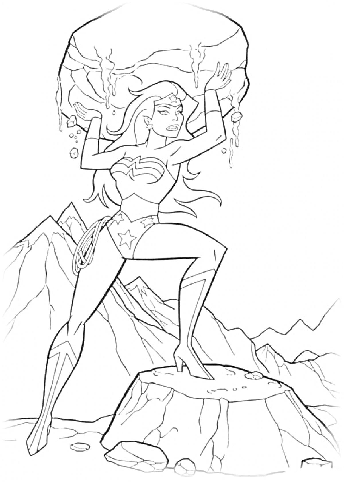На раскраске изображено: Чудо-женщина, Сила, Скалы, Камни, Горы, Комиксы, Супергерои