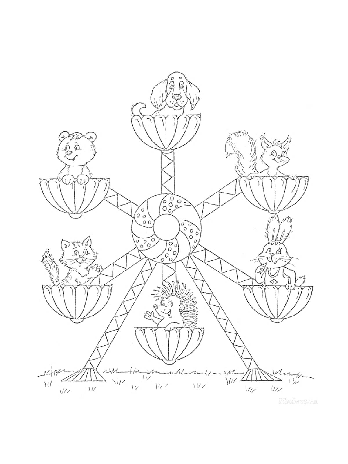 Раскраска Колесо обозрения с животными (собака, медведь, белка, кот, еж и кролик)