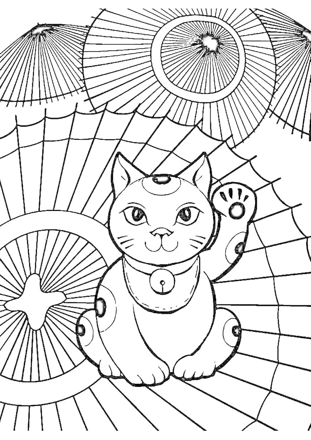 Раскраска Китайский котик Манэки-нэко среди традиционных зонтов