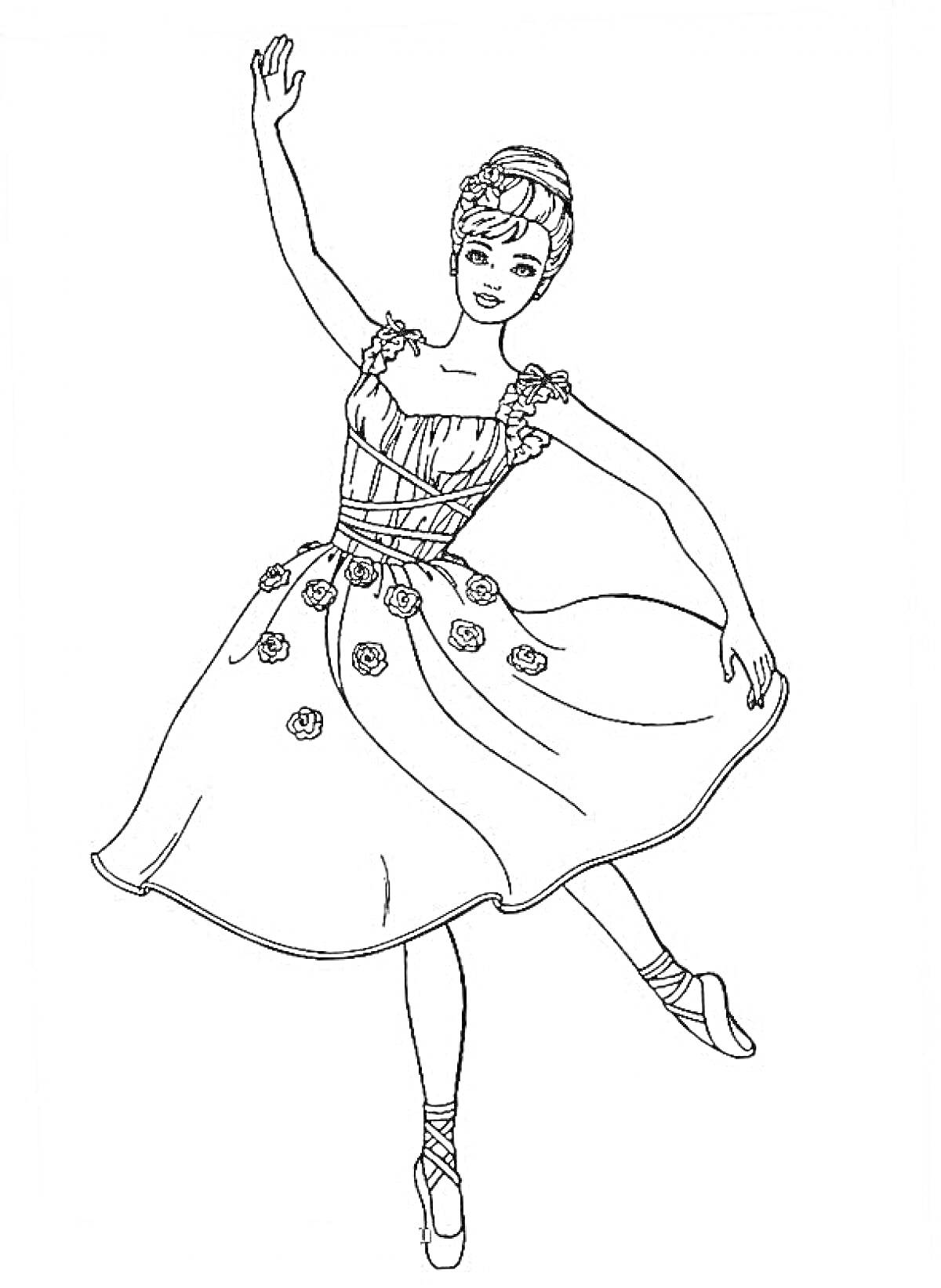 Раскраска Балерина в классической позе с поднятой рукой и платьем с цветами