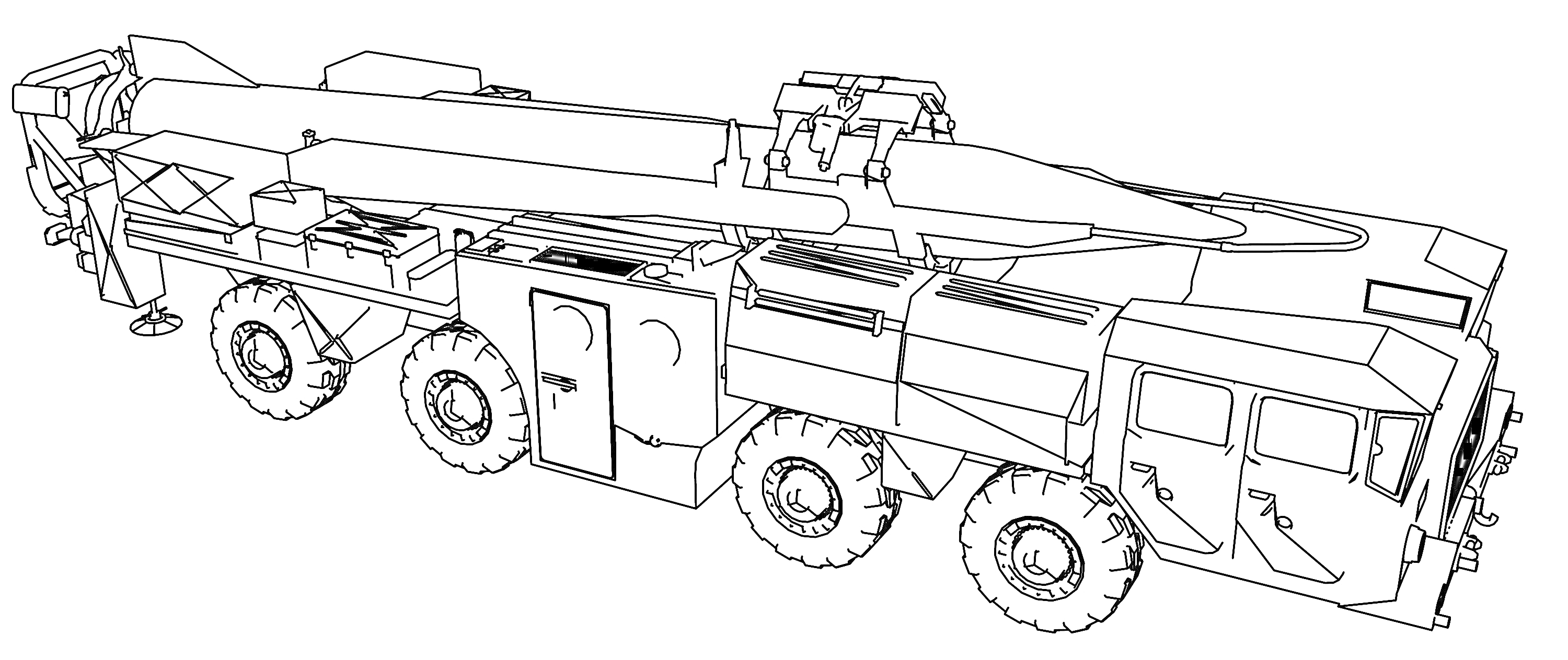 Раскраска Военный грузовик с ракетной установкой и шестью колесами