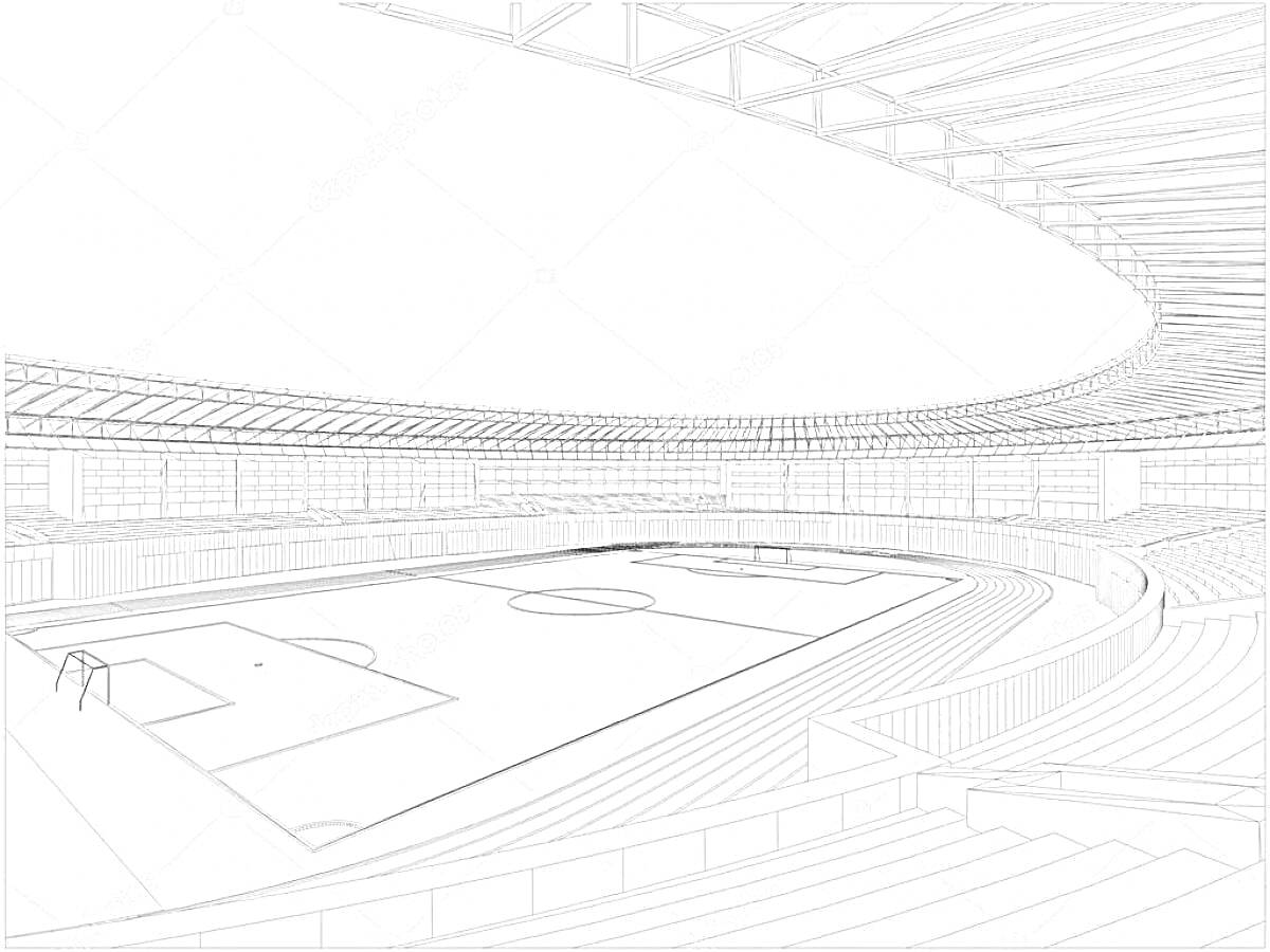 Раскраска Стадион с футбольным полем, трибуны, крыша