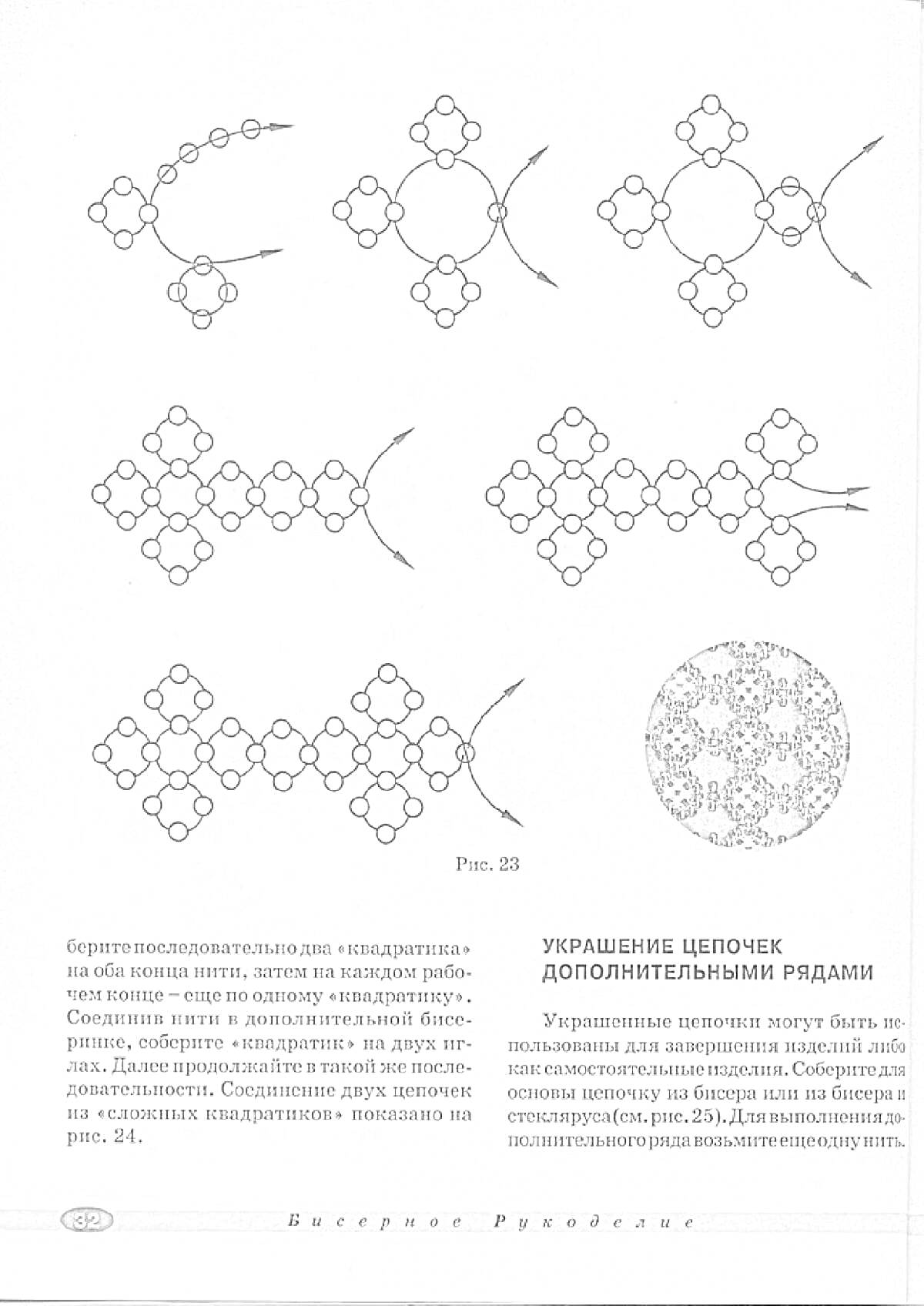 Раскраска Схемы плетения из бисера с дополнительными рядами и узорами цепочек (Рис. 38)