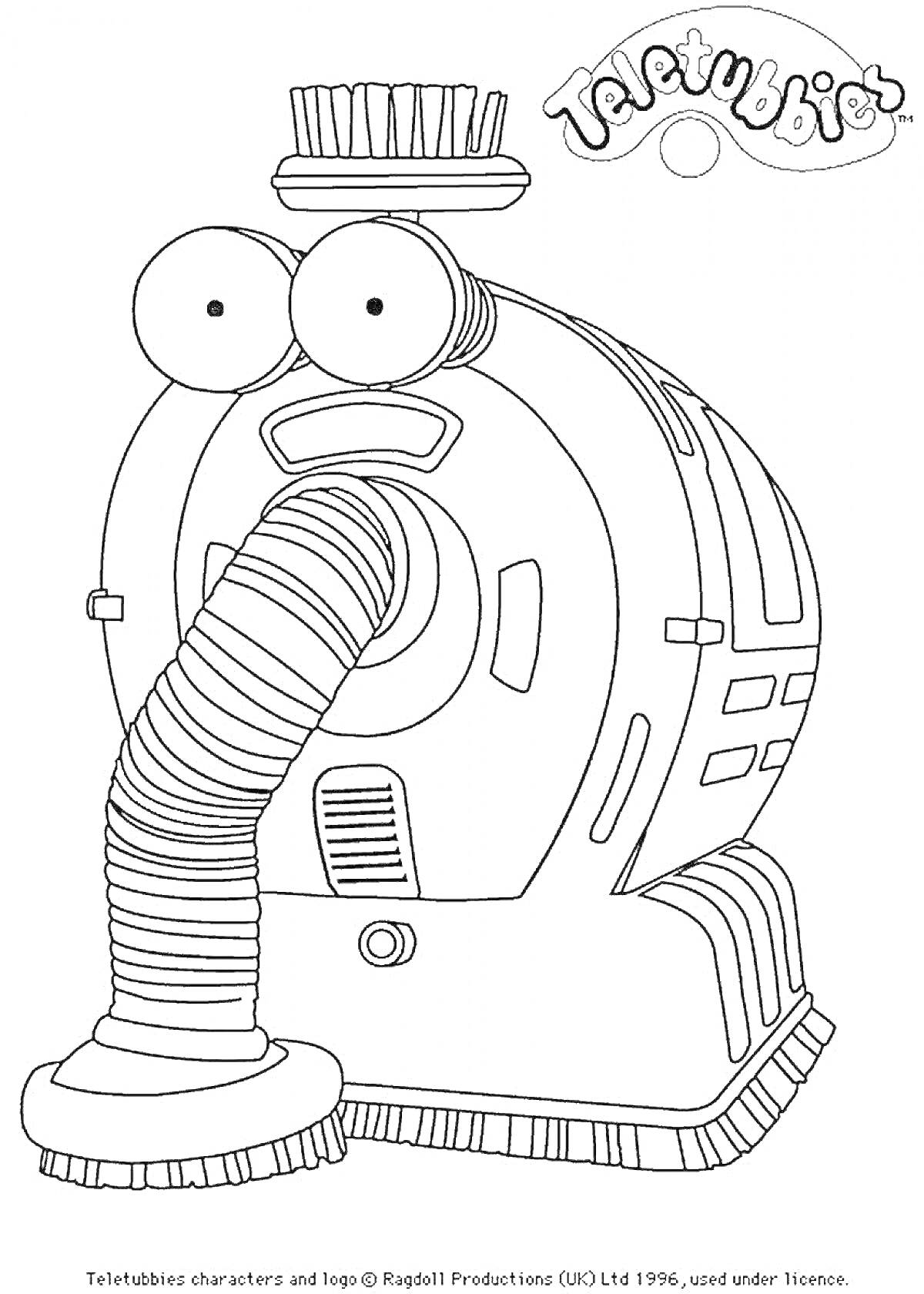 На раскраске изображено: Робот, Пылесос, Глаза, Щетка, Шланг, Teletubbies, Персонаж