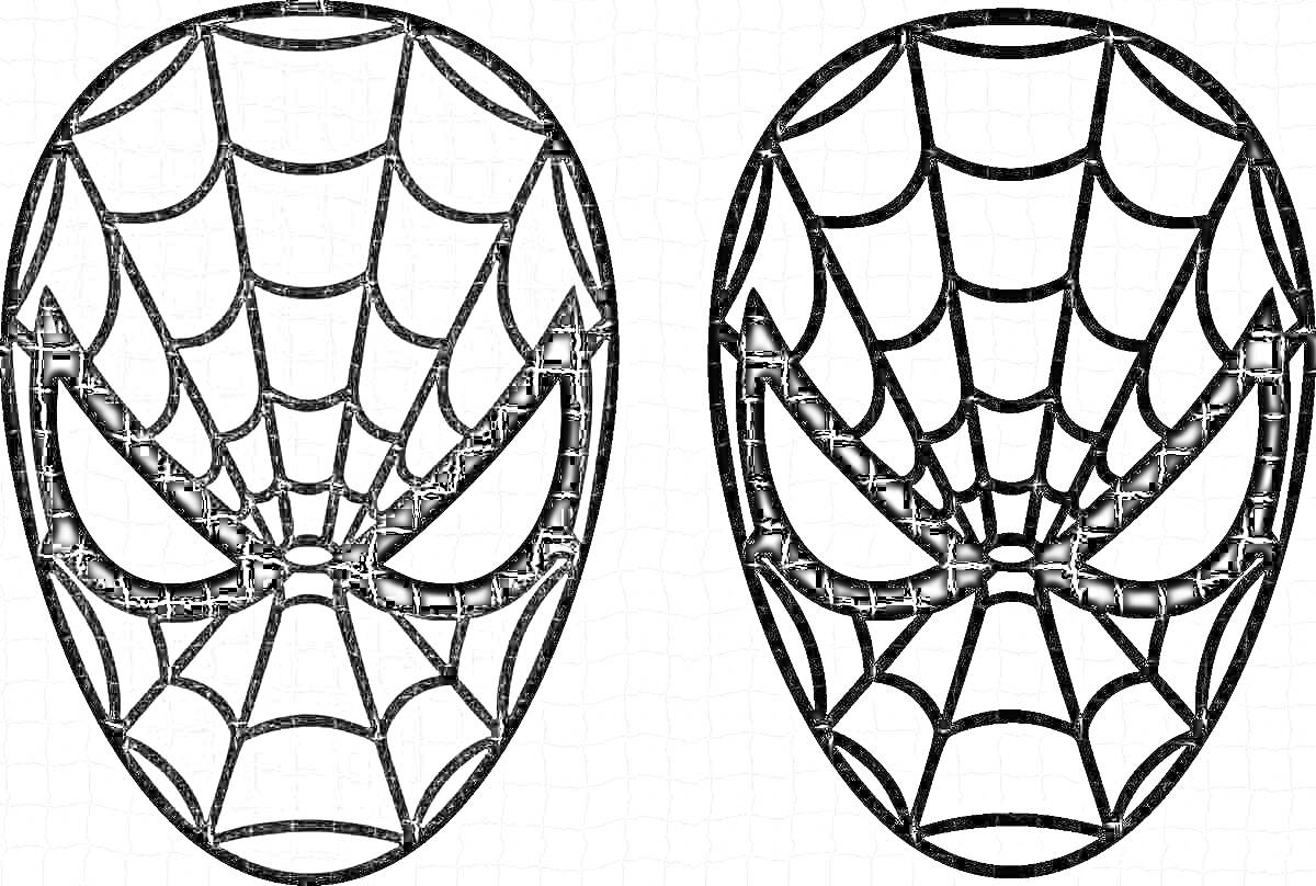 Раскраска Две маски Человека-паука с паутиной и глазами, одна закрашенная, другая нераскрашенная