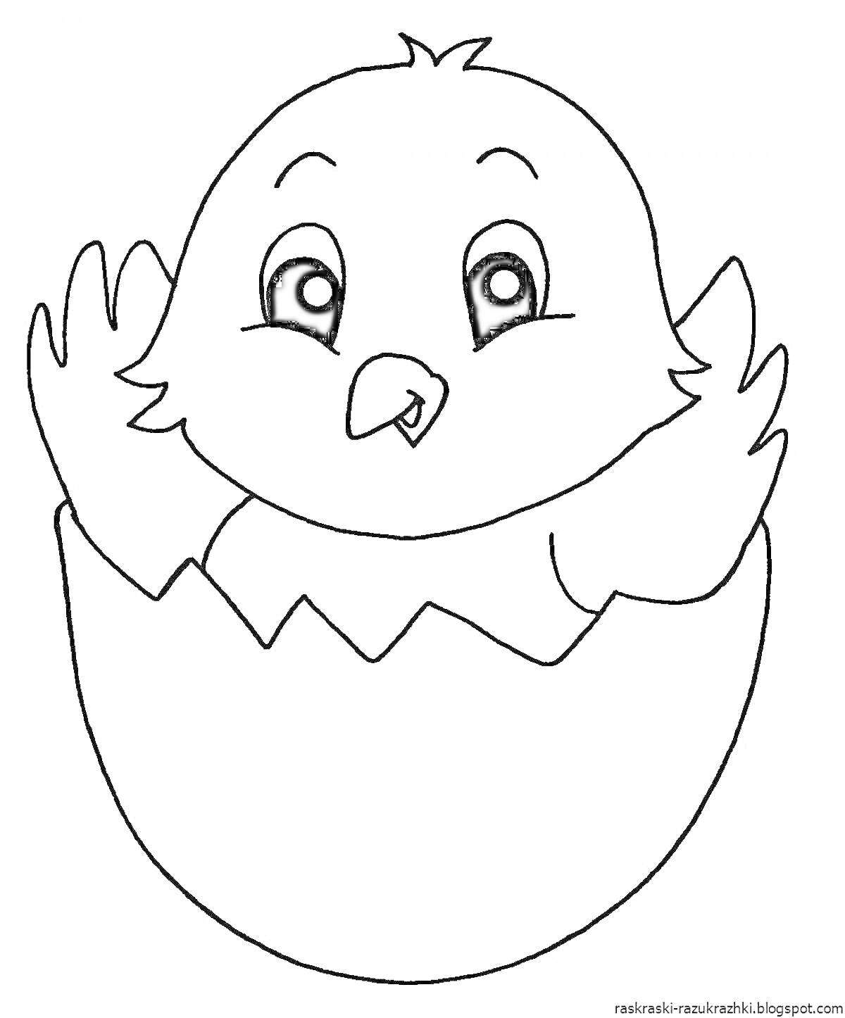 Раскраска Цыпленок в разбитом яйце с растопыренными крылышками и большими глазами
