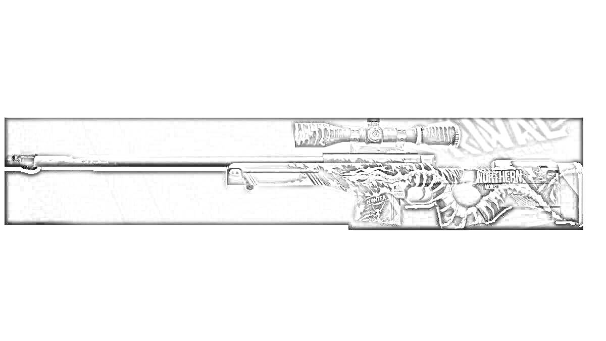 Снайперская винтовка AWM с изображением черепа на прикладе, с оптическим прицелом, черного цвета с белыми элементами.