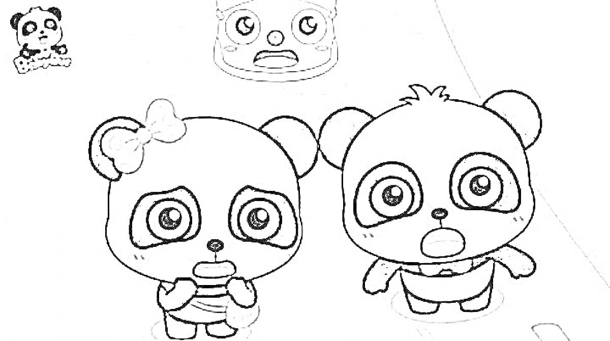 РаскраскаДве испуганные панды, одна с бантиком и кофтой, другая с ремешком, отдельное изображение панд на коврике и маске
