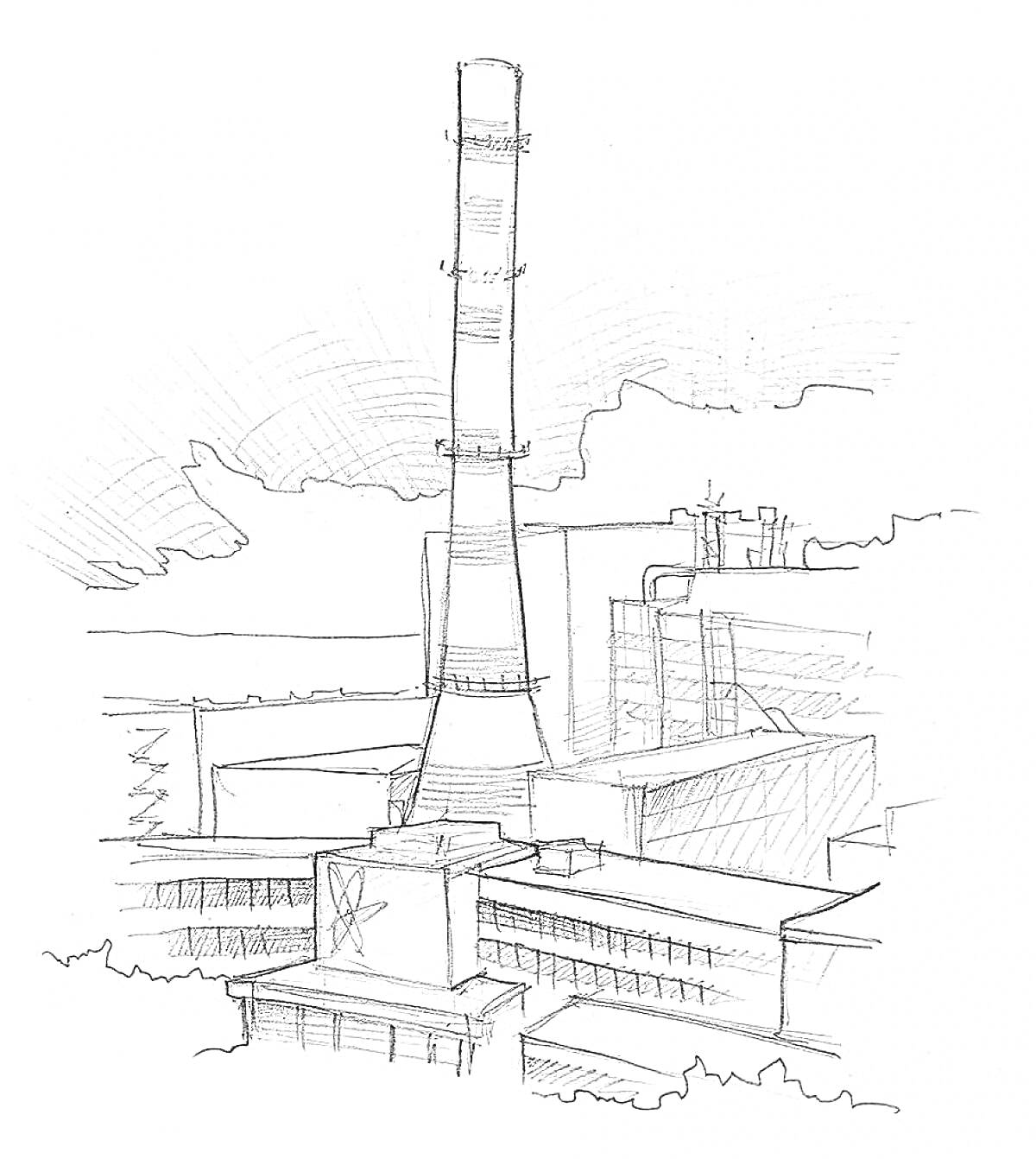 Чернобыльская атомная электростанция с трубой и зданиями