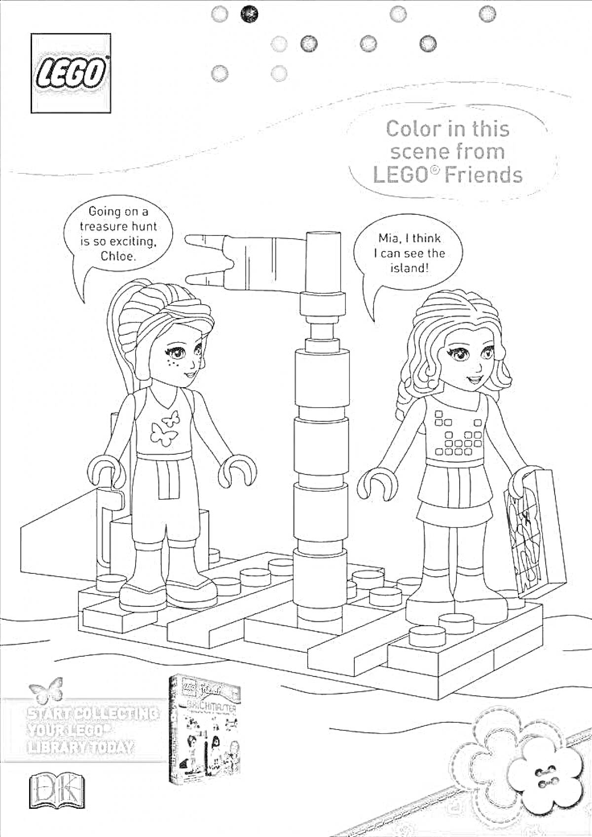 Раскраска Две девочки из LEGO Friends на поисках приключений с картой и компасом возле столба