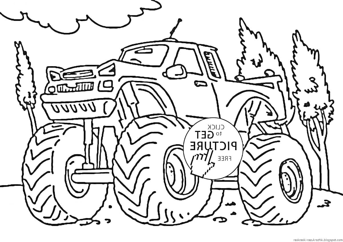 Раскраска Монстр-трак на фоне деревьев и неба