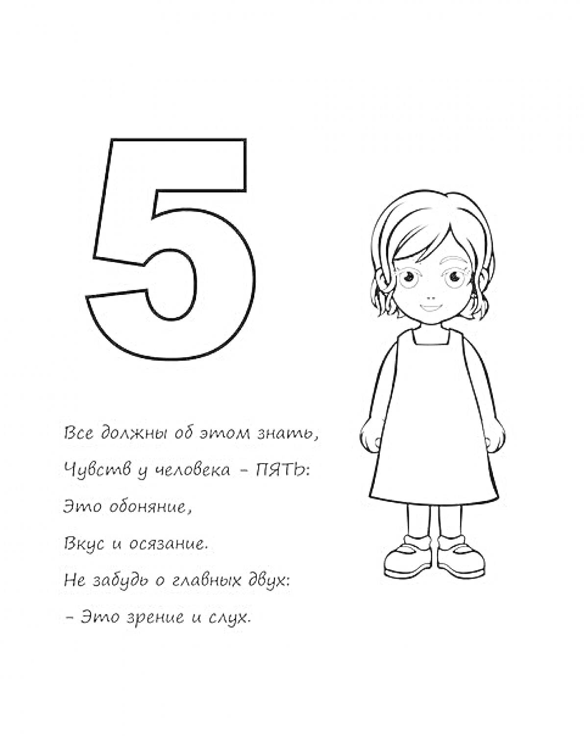 Раскраска Цифра 5 и маленькая девочка, стихотворение о пяти чувствах