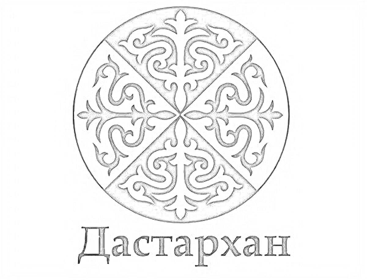 На раскраске изображено: Дастархан, Национальный орнамент, Казахская культура