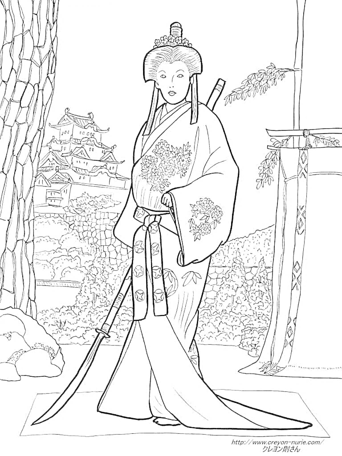 На раскраске изображено: Япония, Женщина, Кимоно, Катана, Замок, Сад, Традиционная одежда, Культура