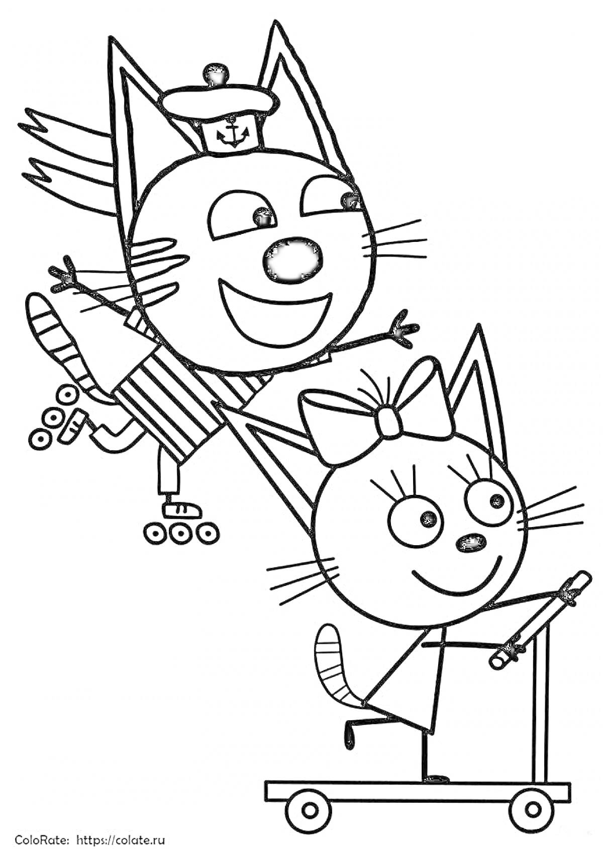 Раскраска Кот на роликовых коньках с морской шапкой на голове и кот на самокате с бантом на голове