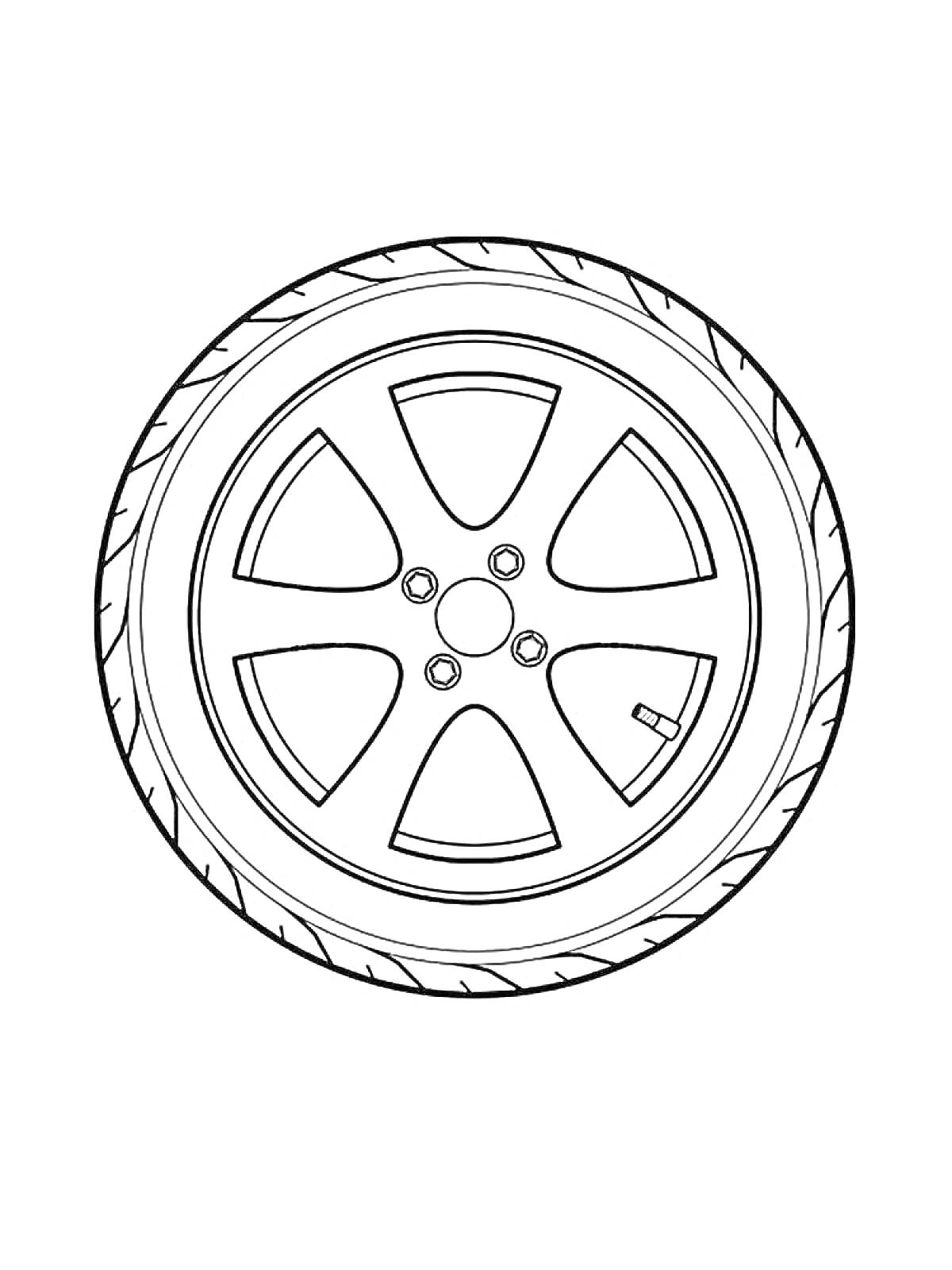 Раскраска Автомобильное колесо с пятью спицами и вентилем