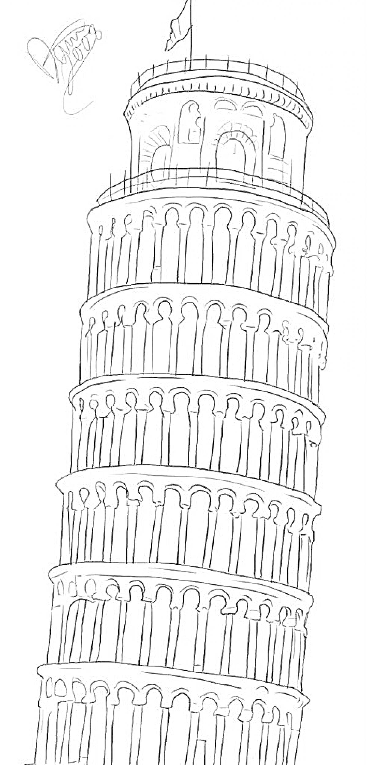 На раскраске изображено: Пизанская башня, Архитектура, Италия, Флаг