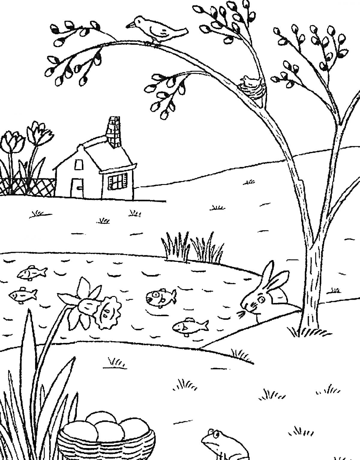 Раскраска Весенний пейзаж с домом, птицами на дереве, лягушками, зайцем, водоемом с рыбками и цветущими нарциссами