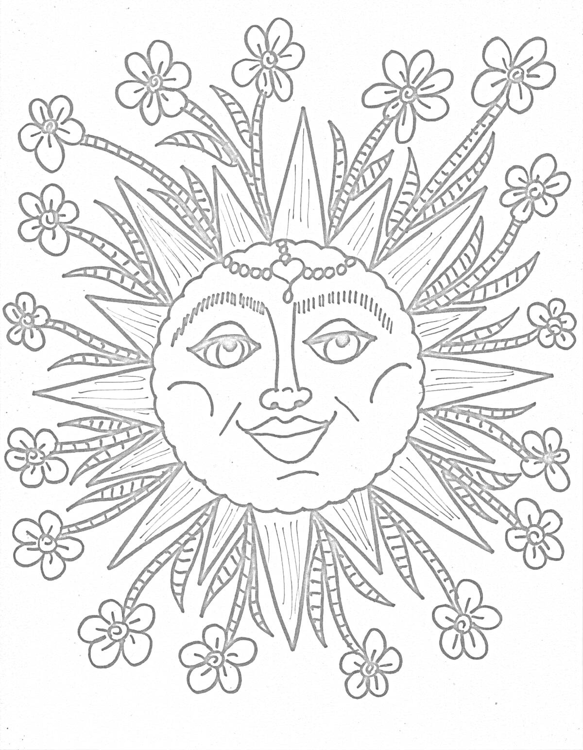 Раскраска Солнышко на Масленицу с цветами