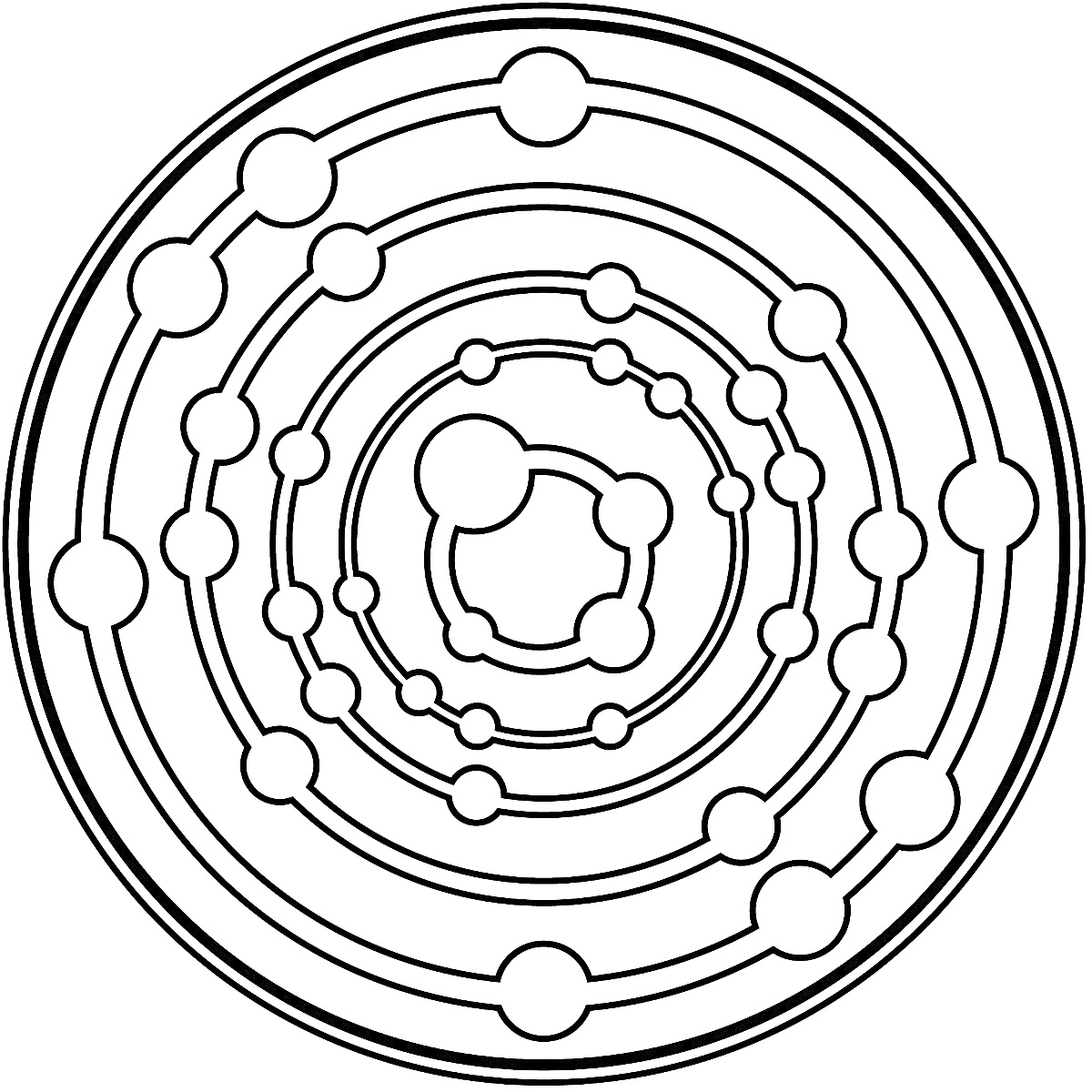 Раскраска Мандала с концентрическими кругами и круглыми элементами.