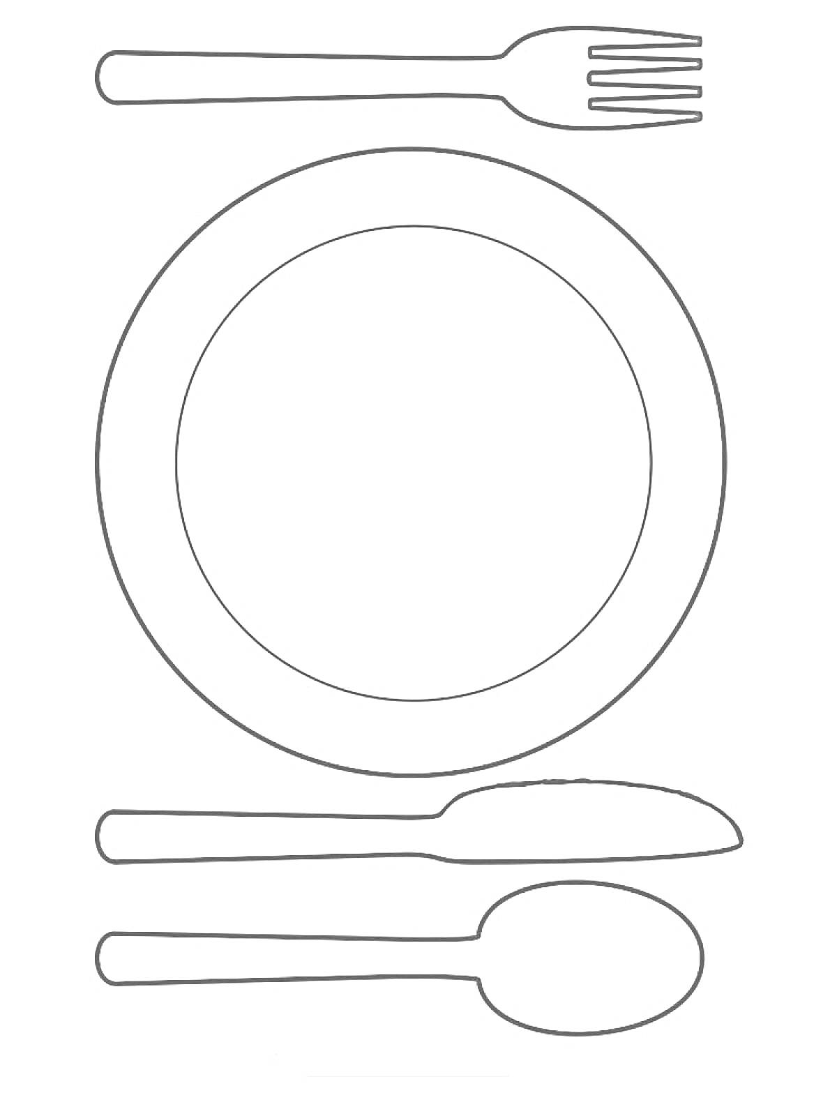 На раскраске изображено: Тарелка, Вилка, Нож, Ложка, Посуда, Кухонные принадлежности
