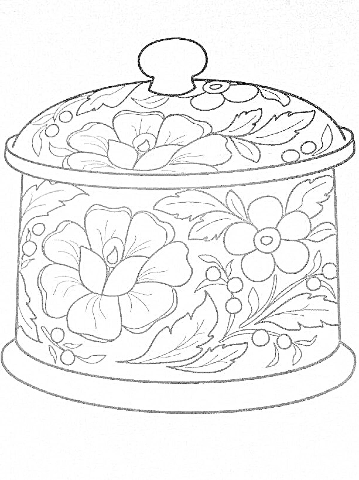 Раскраска хохломская банка с крышкой с цветочным узором и ягодами