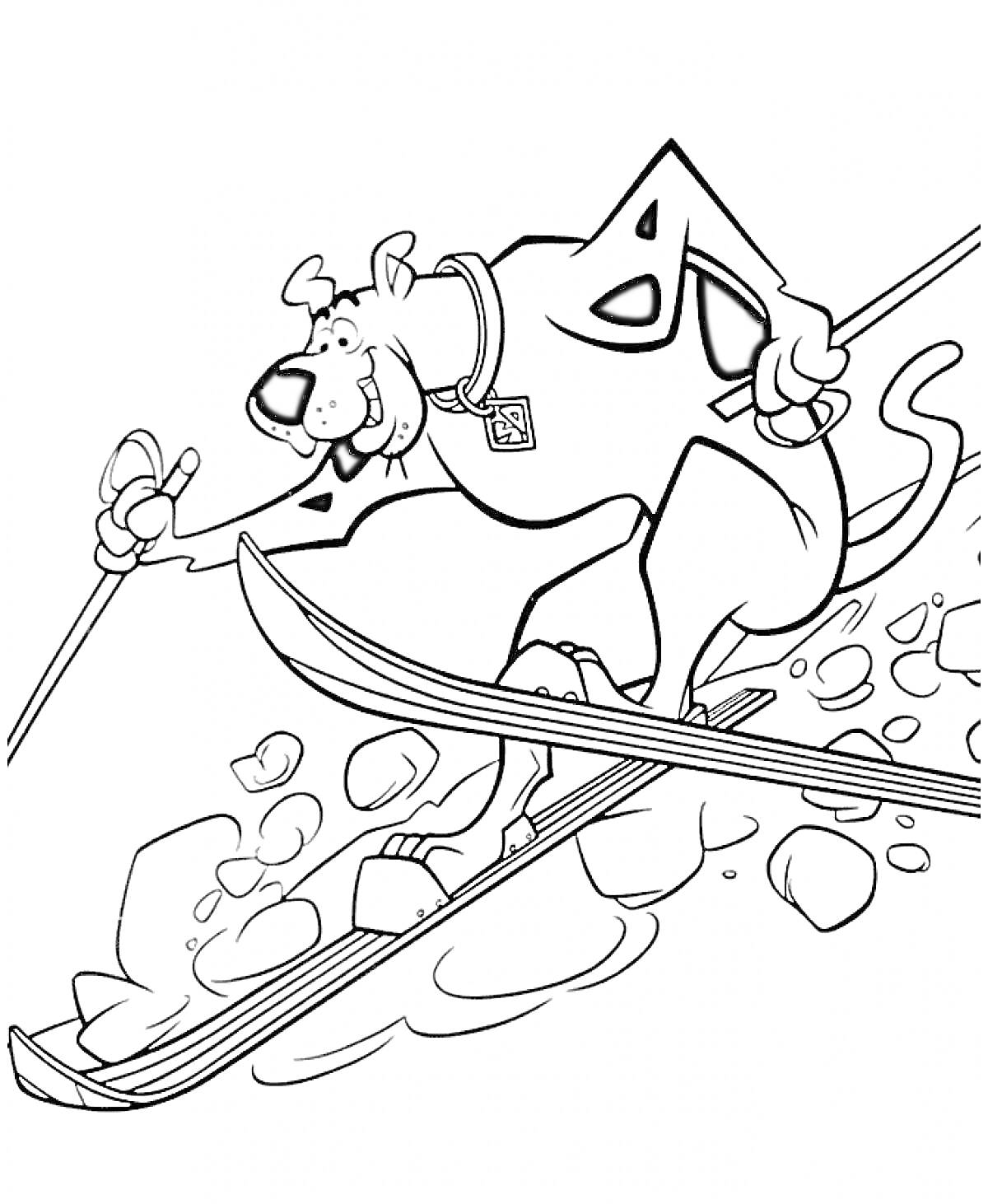Скуби Ду катается на лыжах и объезжает камни со специальным лыжным костюмом