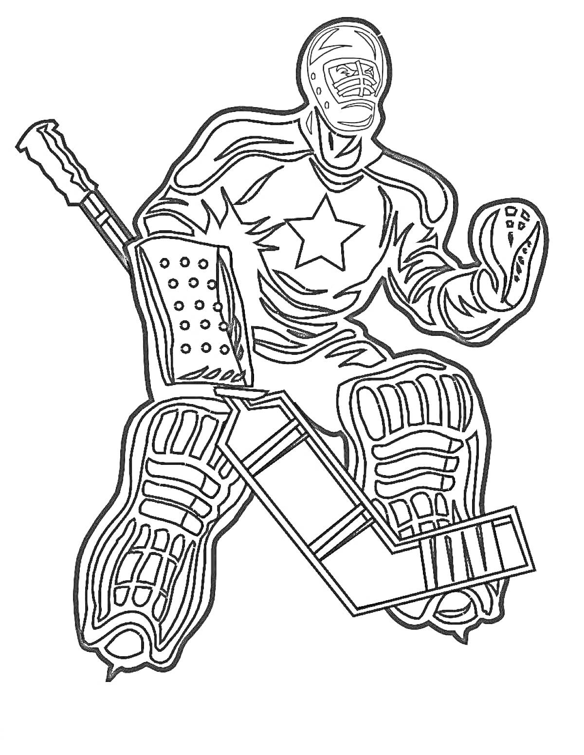 Раскраска Хоккеист в защите с клюшкой и щитом