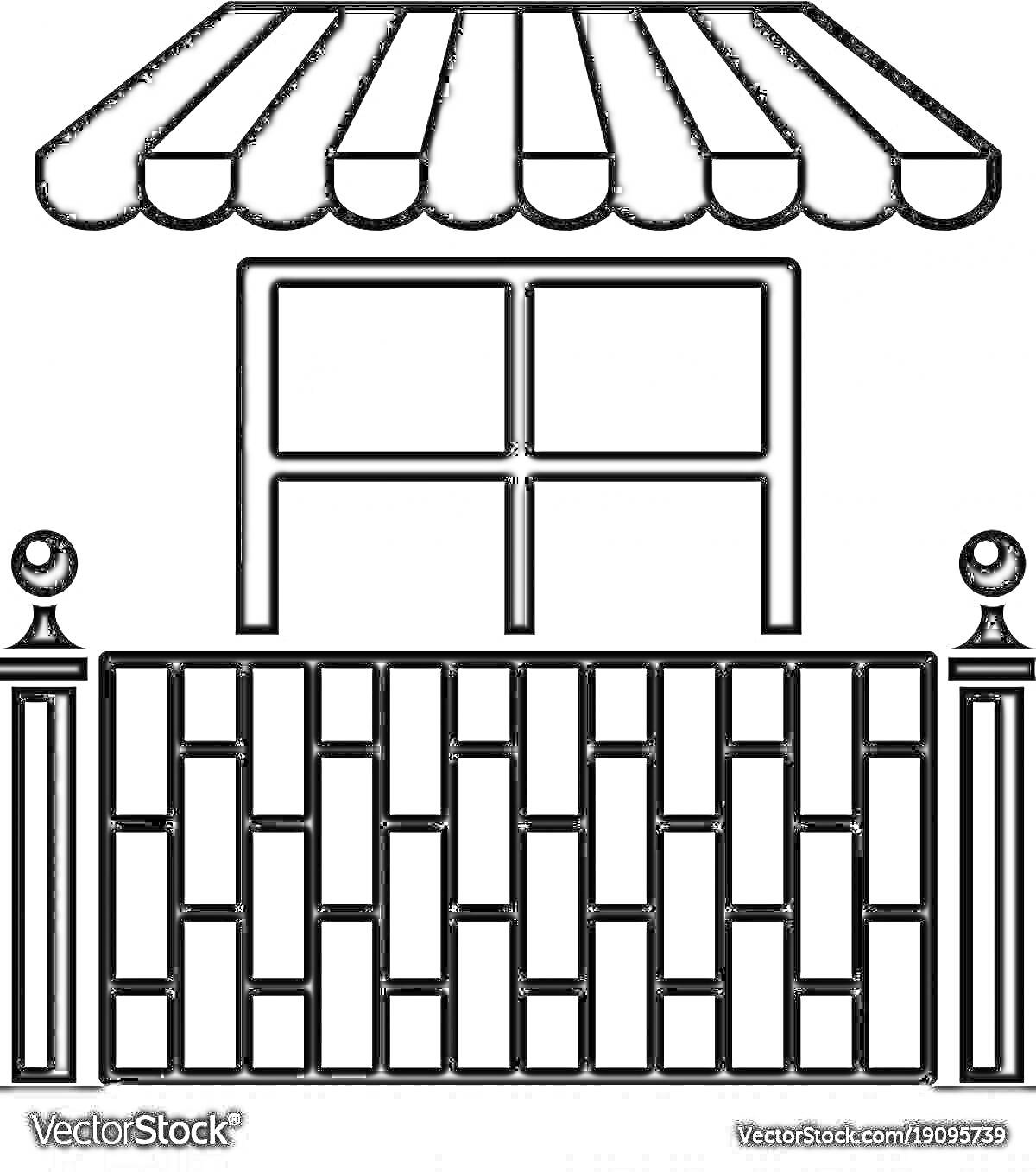 Раскраска Балкон с тентовым навесом, решетчатым ограждением и окном