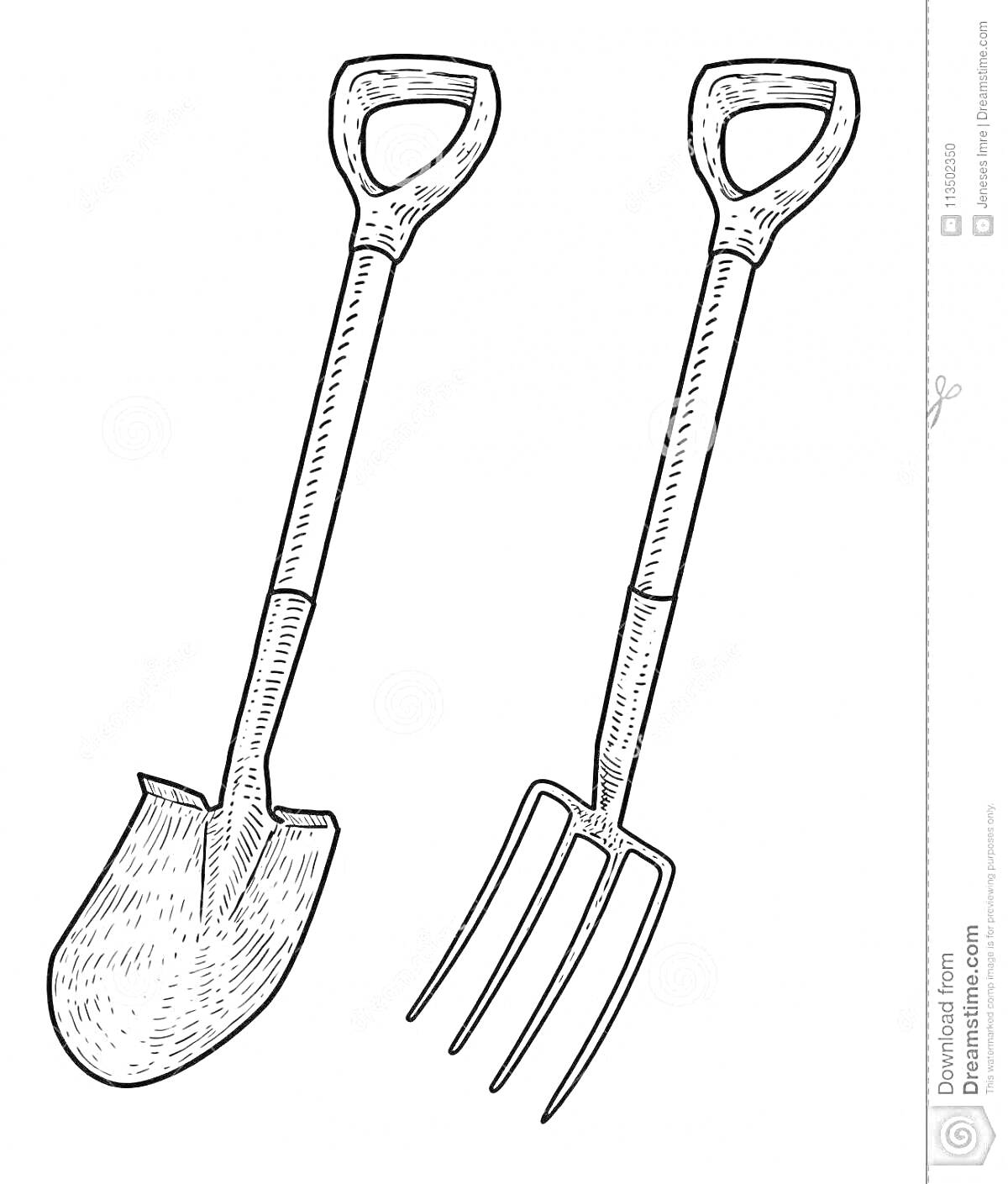 На раскраске изображено: Лопата, Вилы, Садовый инструмент, Для детей, Ручной инструмент, Садоводство