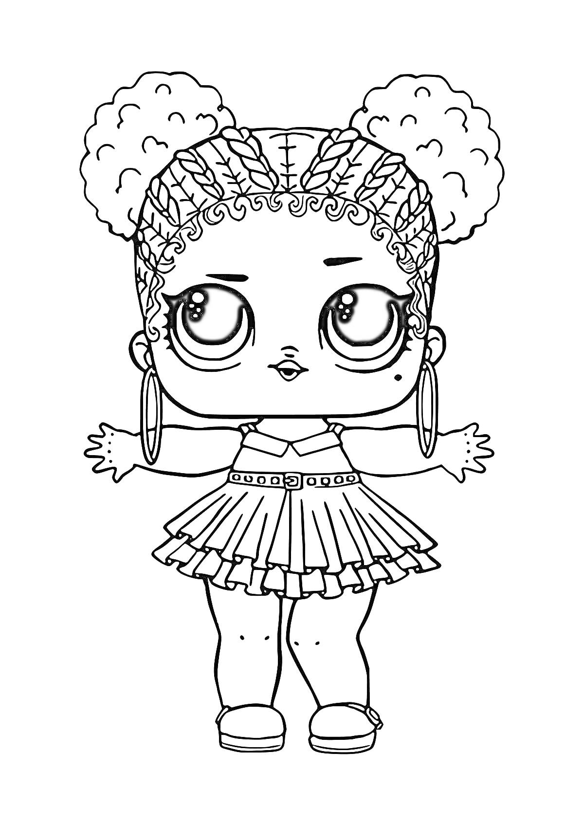 Раскраска Кукла ЛОЛ с двумя кудрявыми пучками, серёжками-кольцами, большим носом, в платье с ремнём и ботинках с носками