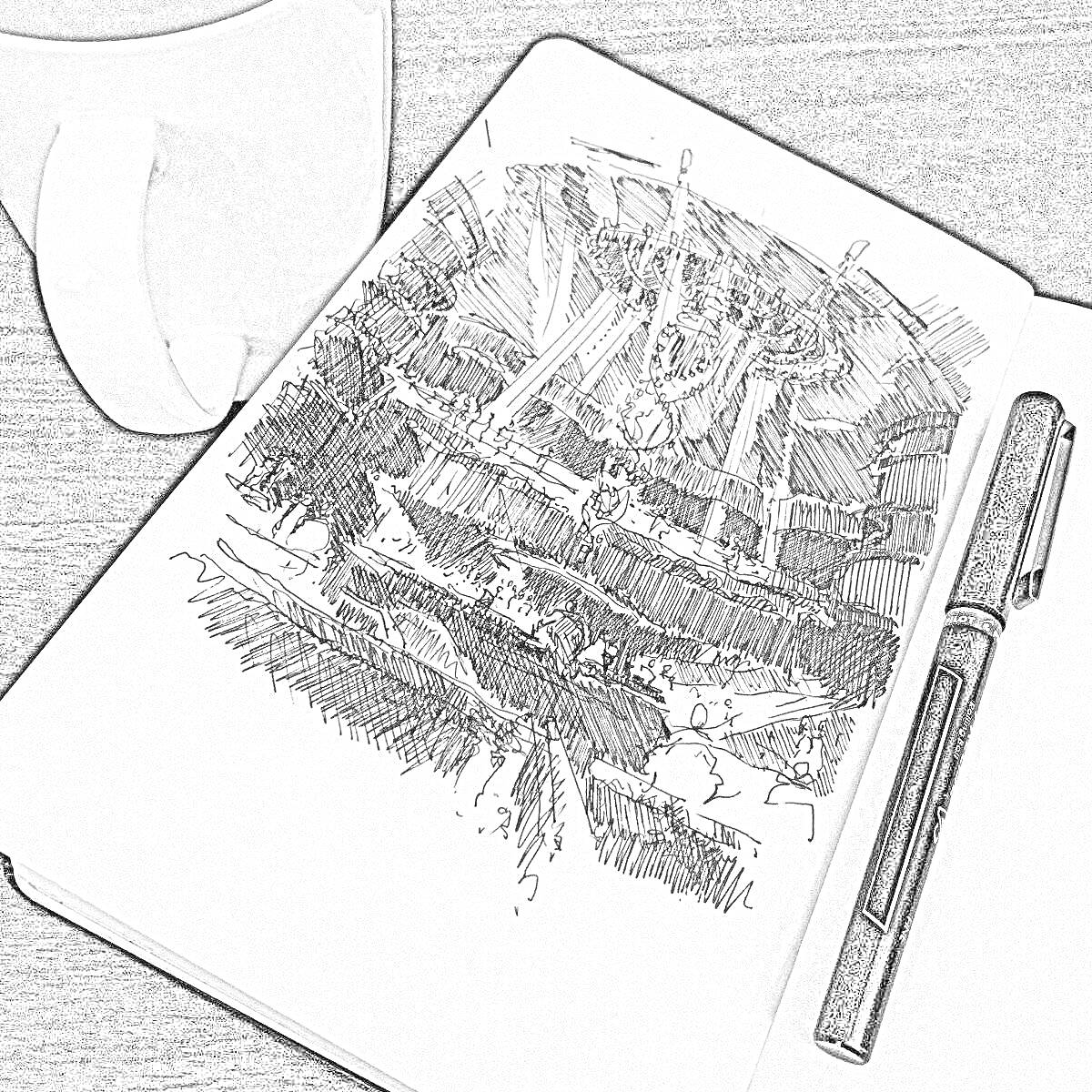Раскраска Чаша, ручка и блокнот с рисунком архитектуры