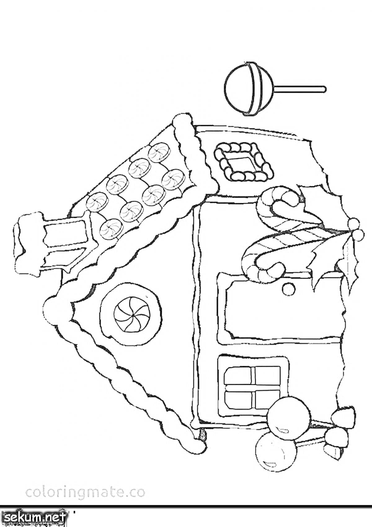 Раскраска Пряничный домик с леденцами, конфетами и карамелью