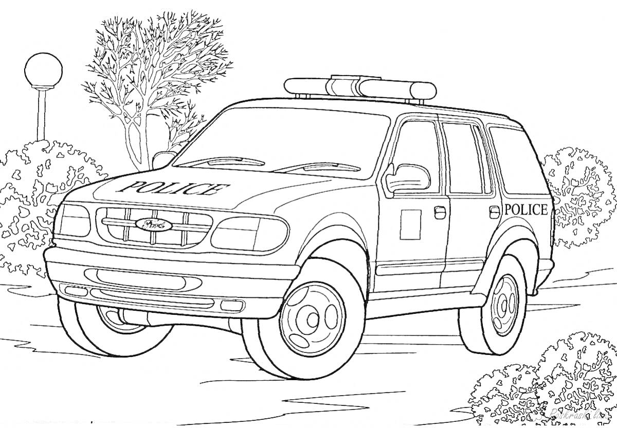 Раскраска полицейская машина на дороге с деревьями и кустами на заднем плане