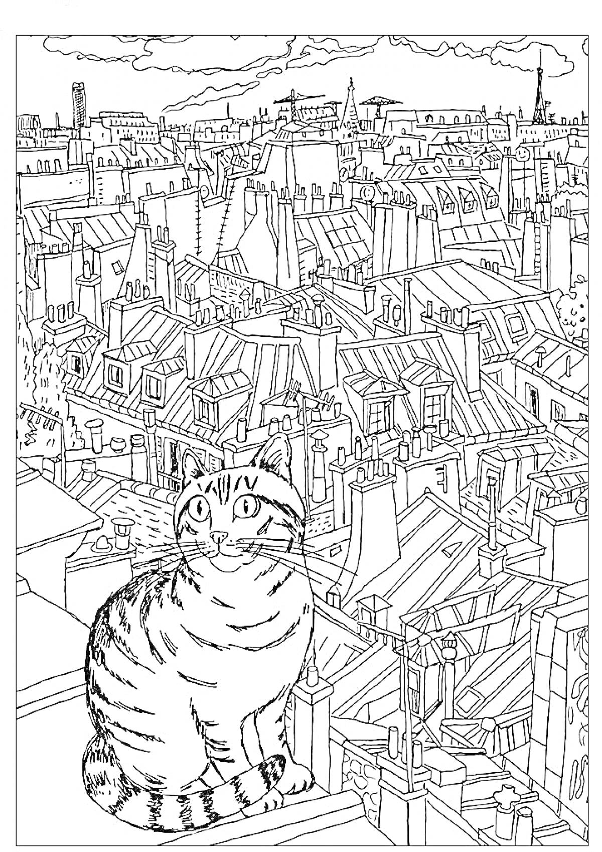 Раскраска Кот на крыше на фоне городского пейзажа
