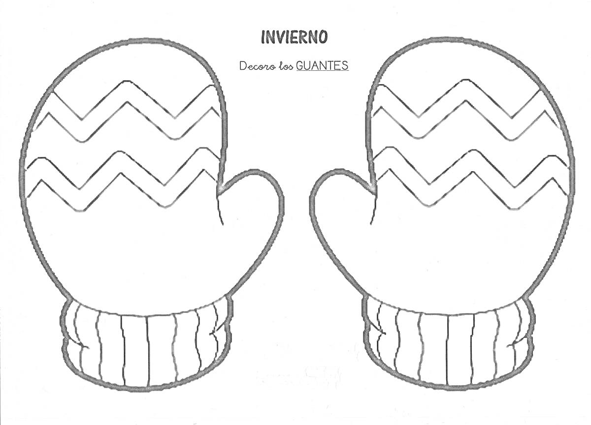 РаскраскаРисунок с двумя варежками, украшенными зигзагообразным узором на верхней части и полосатой манжетой в нижней части.