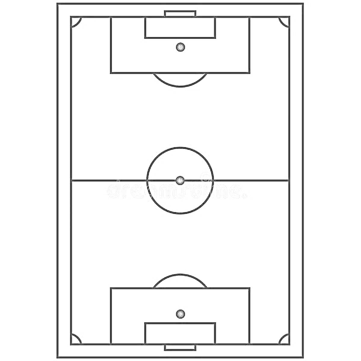 Раскраска Футбольное Поле с Воротами, Центральной Линией, Кругом Центра Поля и Угловыми Указателями
