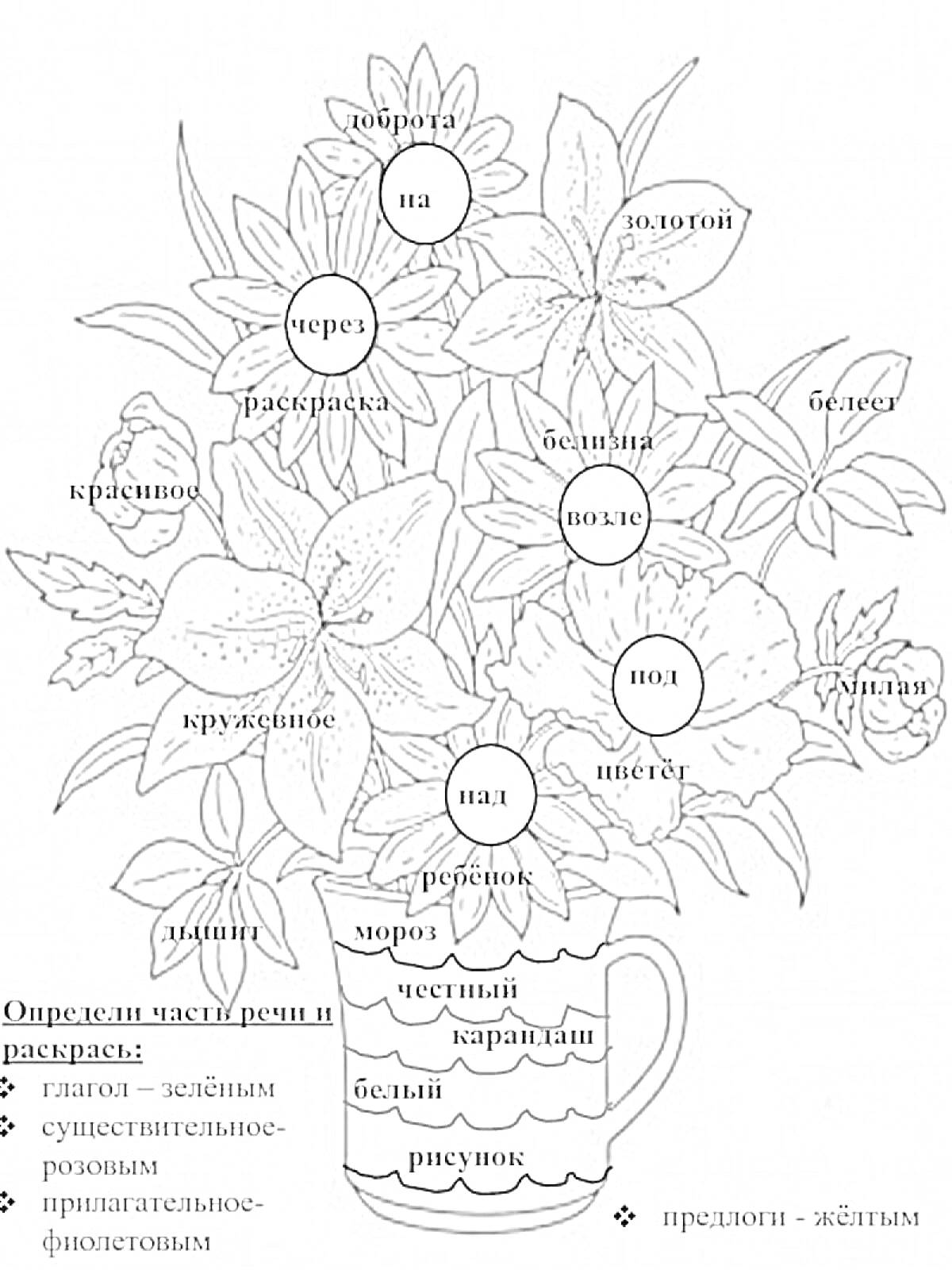 Раскраска Цветы с надписями в вазе, определение частей речи