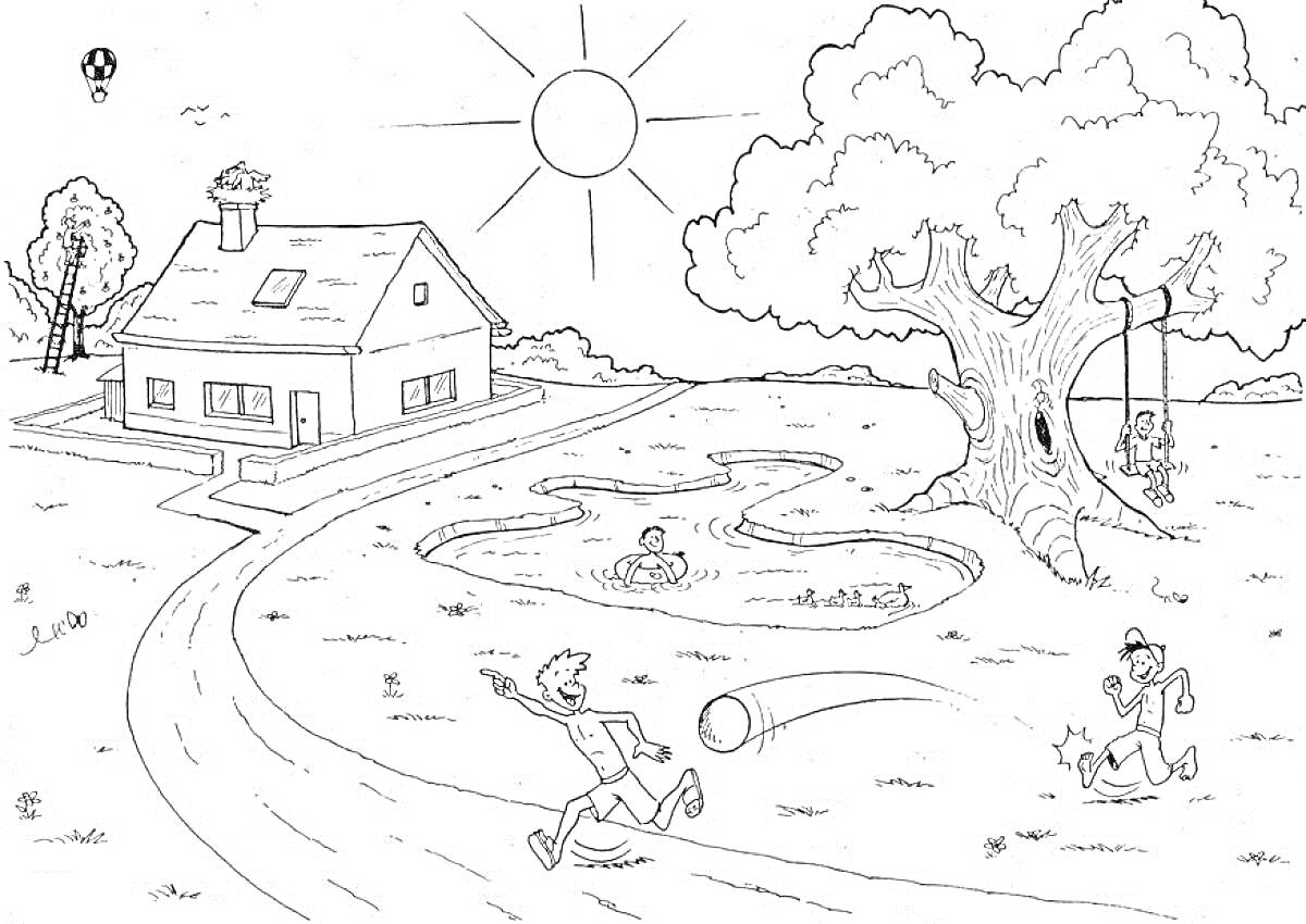 Раскраска Летний день у дома с играющими детьми, прудом и качелями на дереве