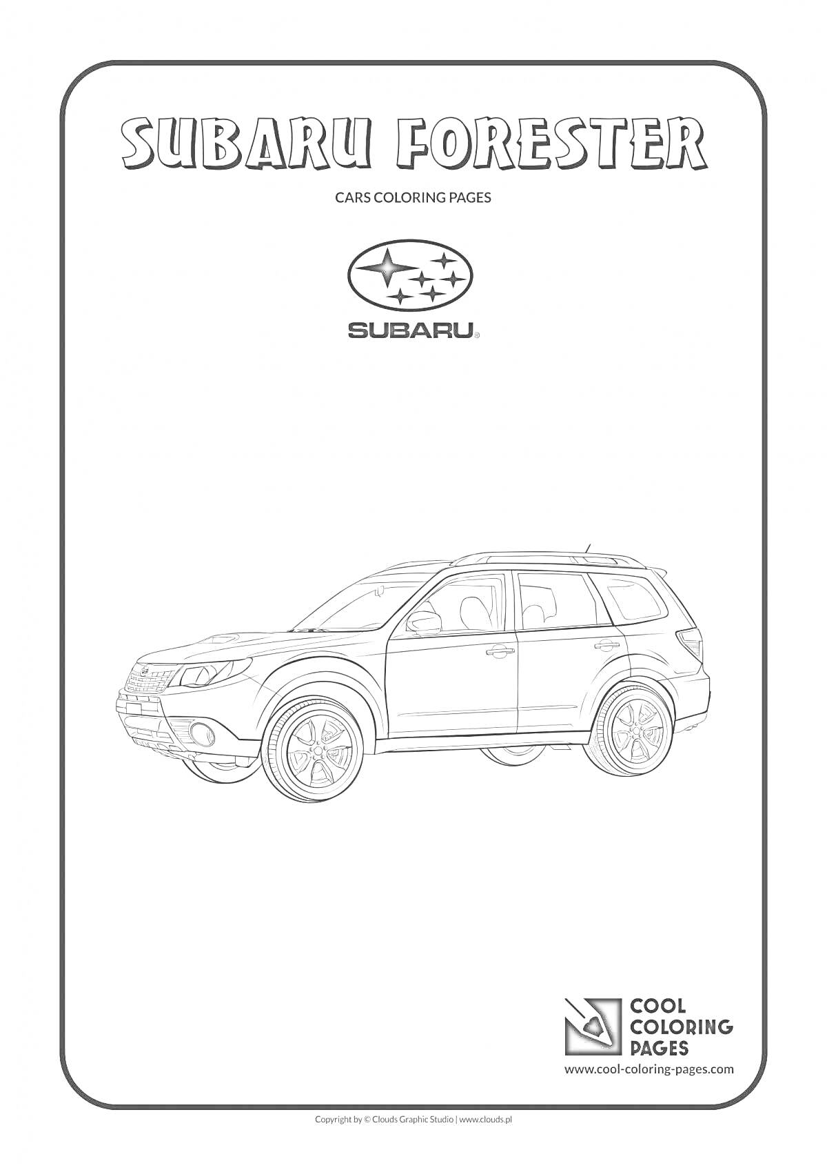 Раскраска Цветная страница Subaru Forester - название, логотип, схема автомобиля, источник